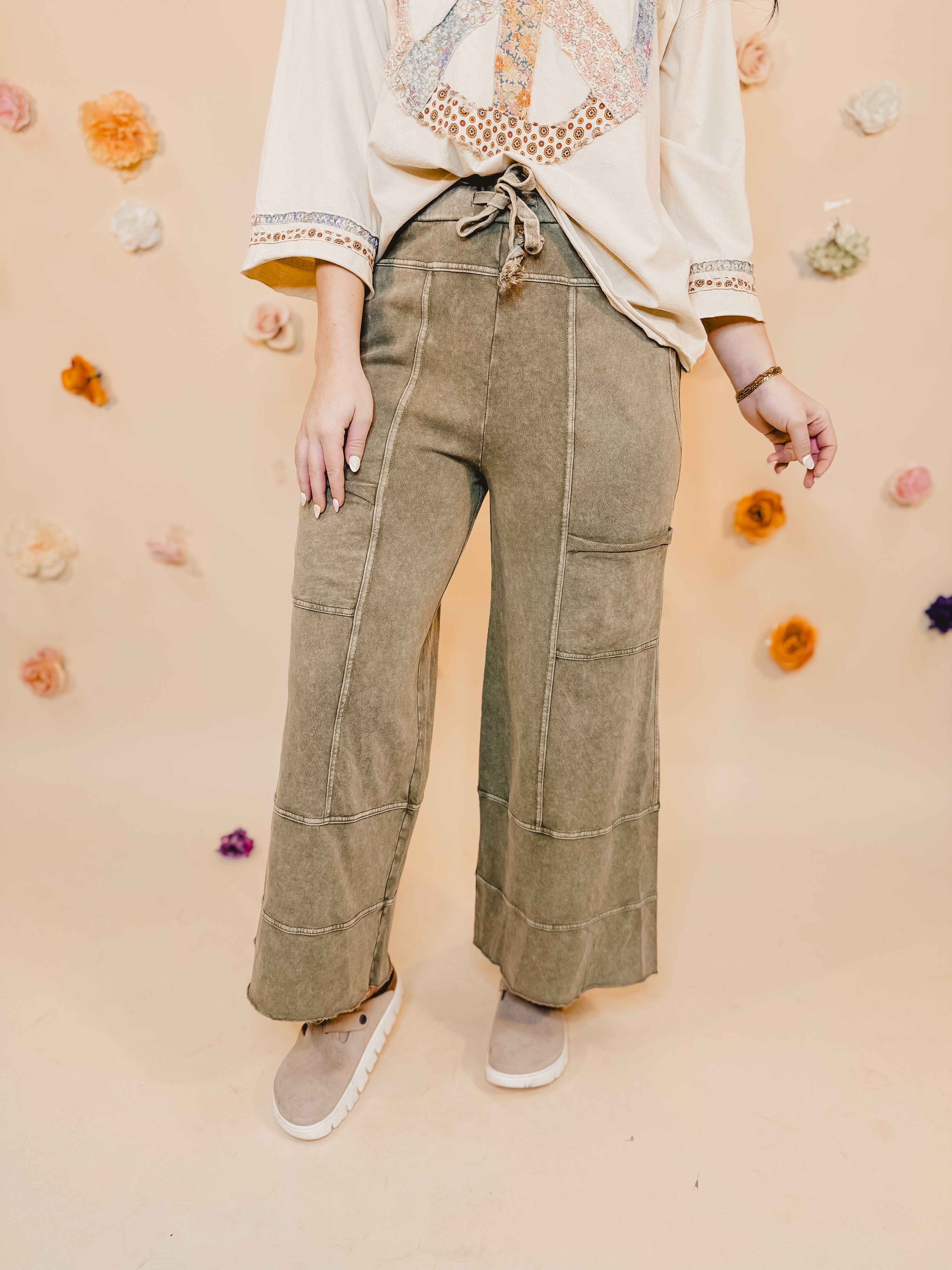 Mineral Washed Terry Knit Pants - Olive - Lace and Grace Boutique