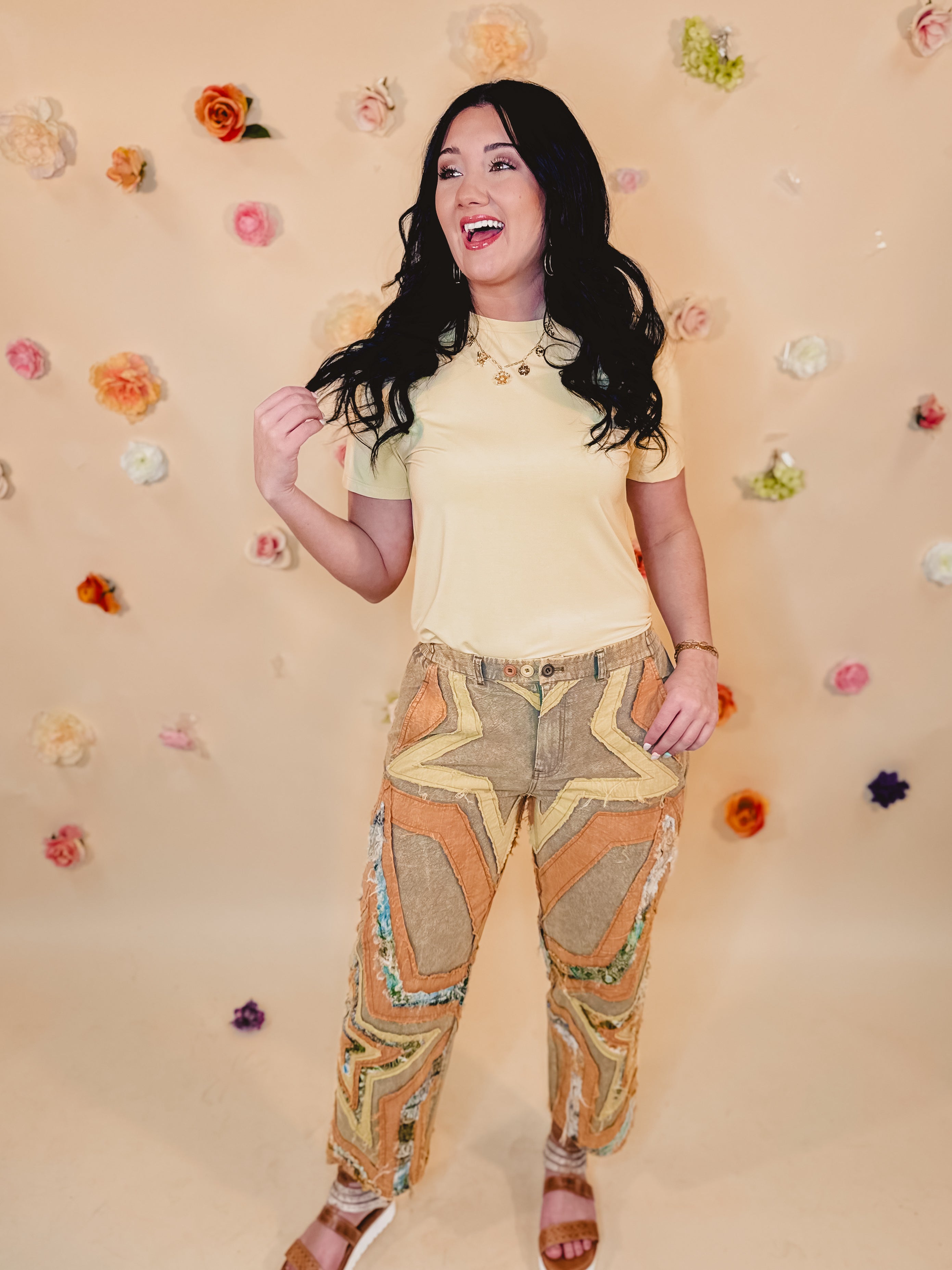 Oli & Hali Washed Star Patchwork Pants - Sage - Lace and Grace Boutique