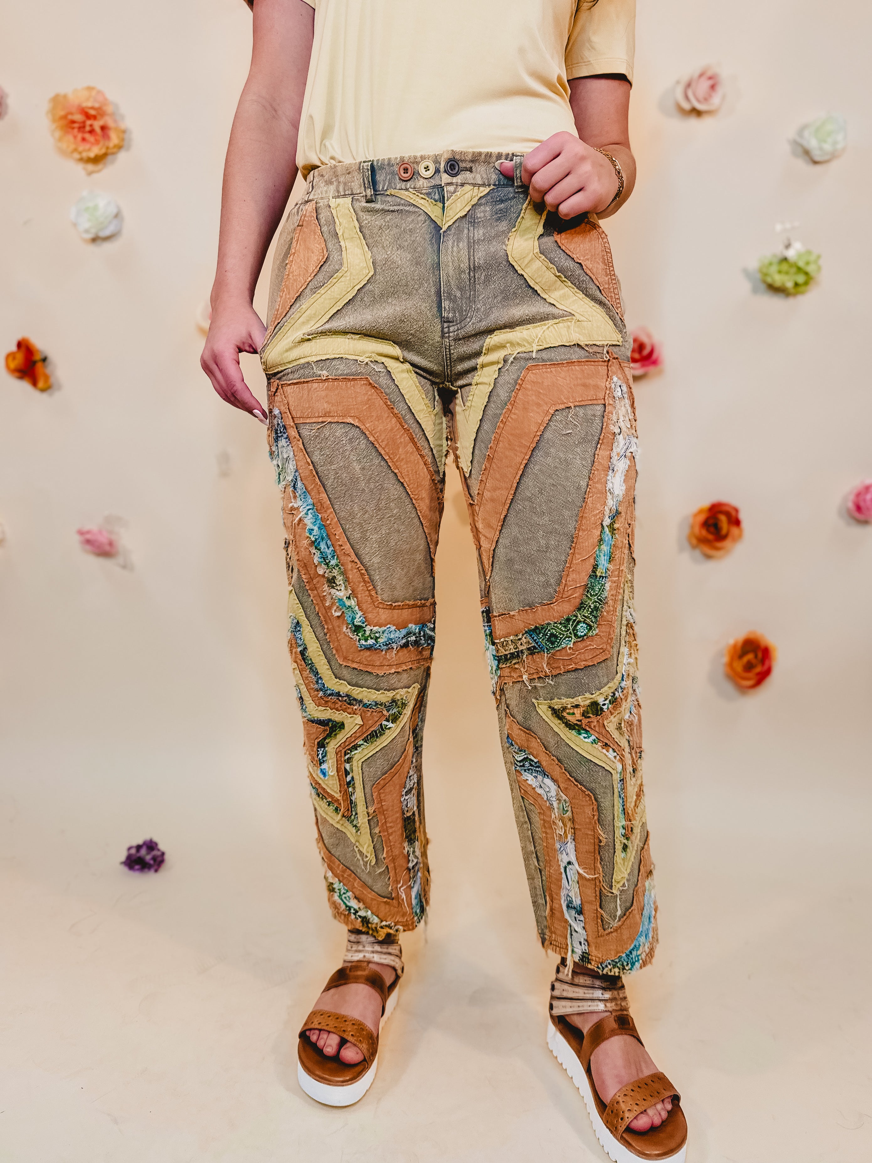Oli & Hali Washed Star Patchwork Pants - Sage - Lace and Grace Boutique