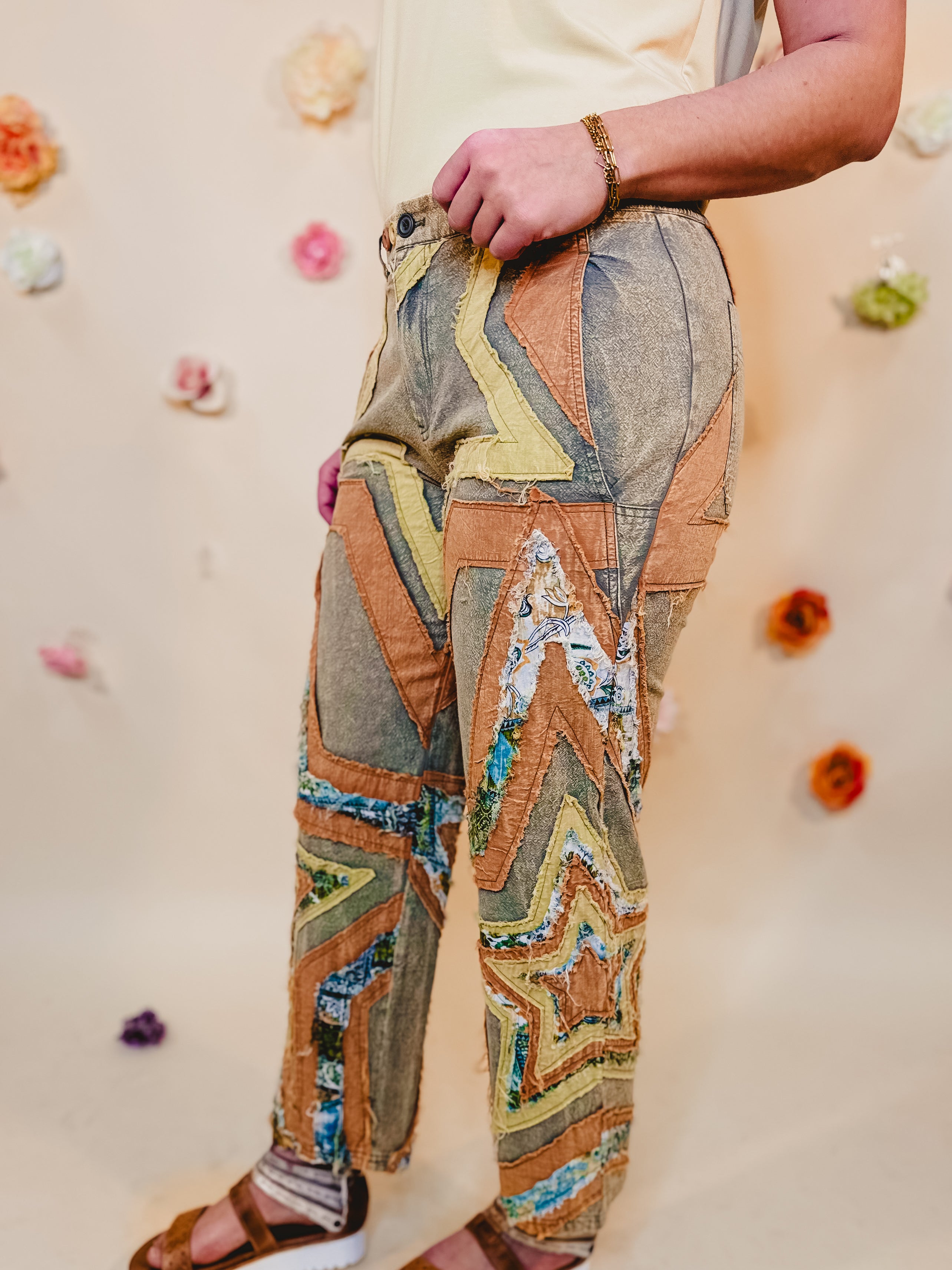 Oli & Hali Washed Star Patchwork Pants - Sage - Lace and Grace Boutique