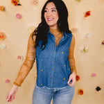Floral Embroidered Sleeveless Denim Top - Blue - Lace and Grace Boutique