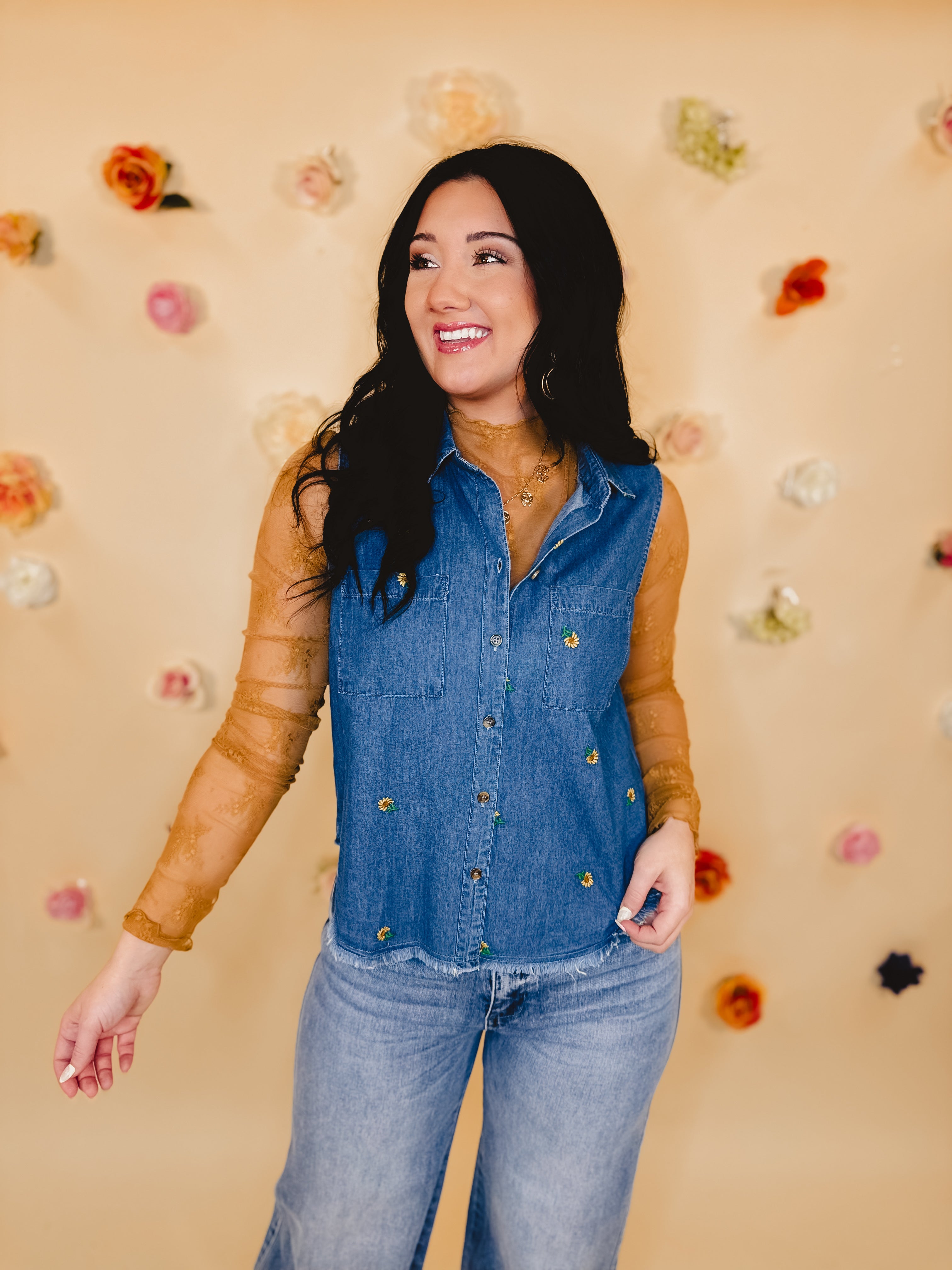 Floral Embroidered Sleeveless Denim Top - Blue - Lace and Grace Boutique