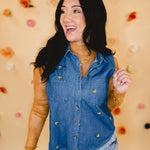 Floral Embroidered Sleeveless Denim Top - Blue - Lace and Grace Boutique