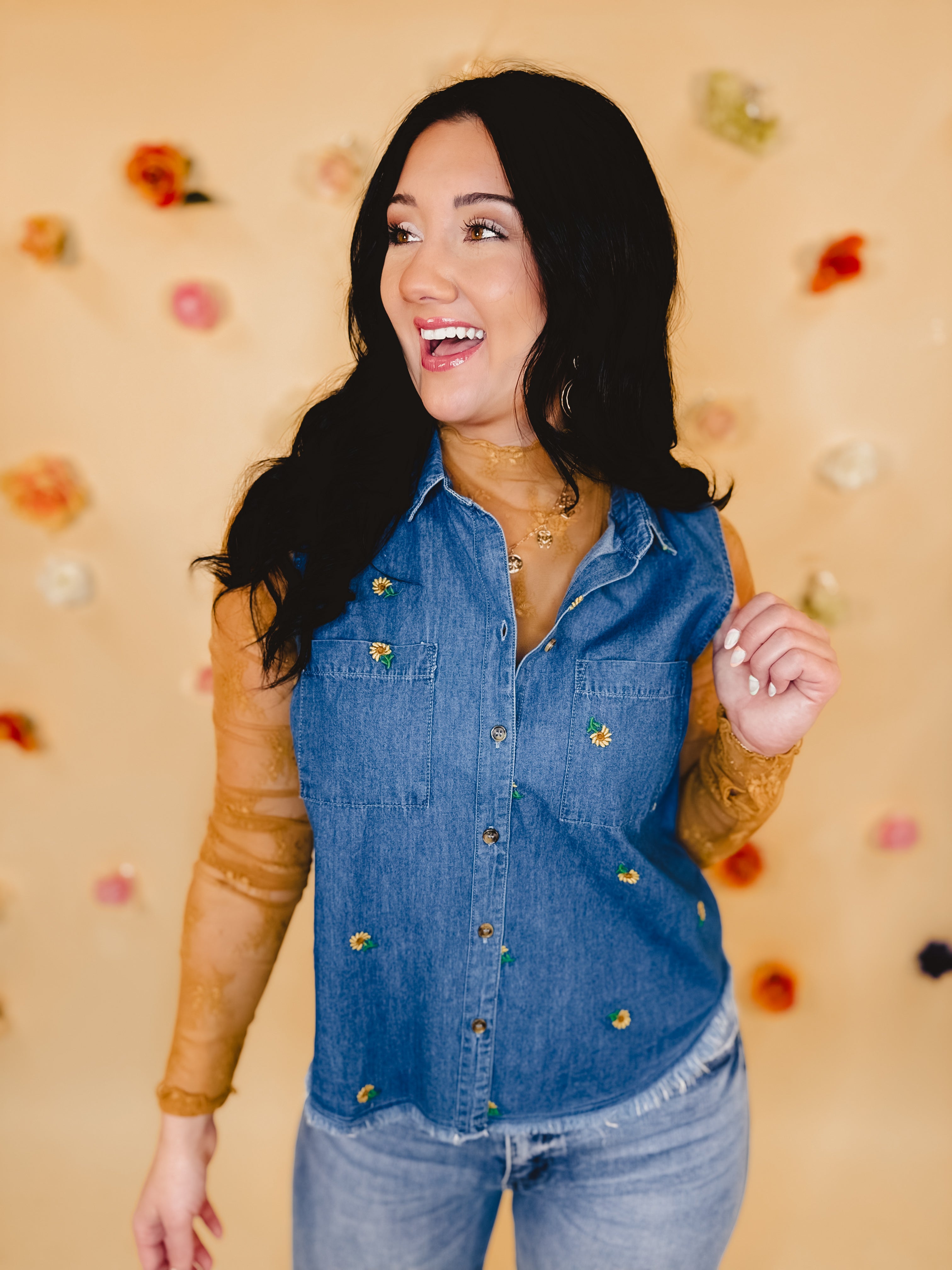Floral Embroidered Sleeveless Denim Top - Blue - Lace and Grace Boutique