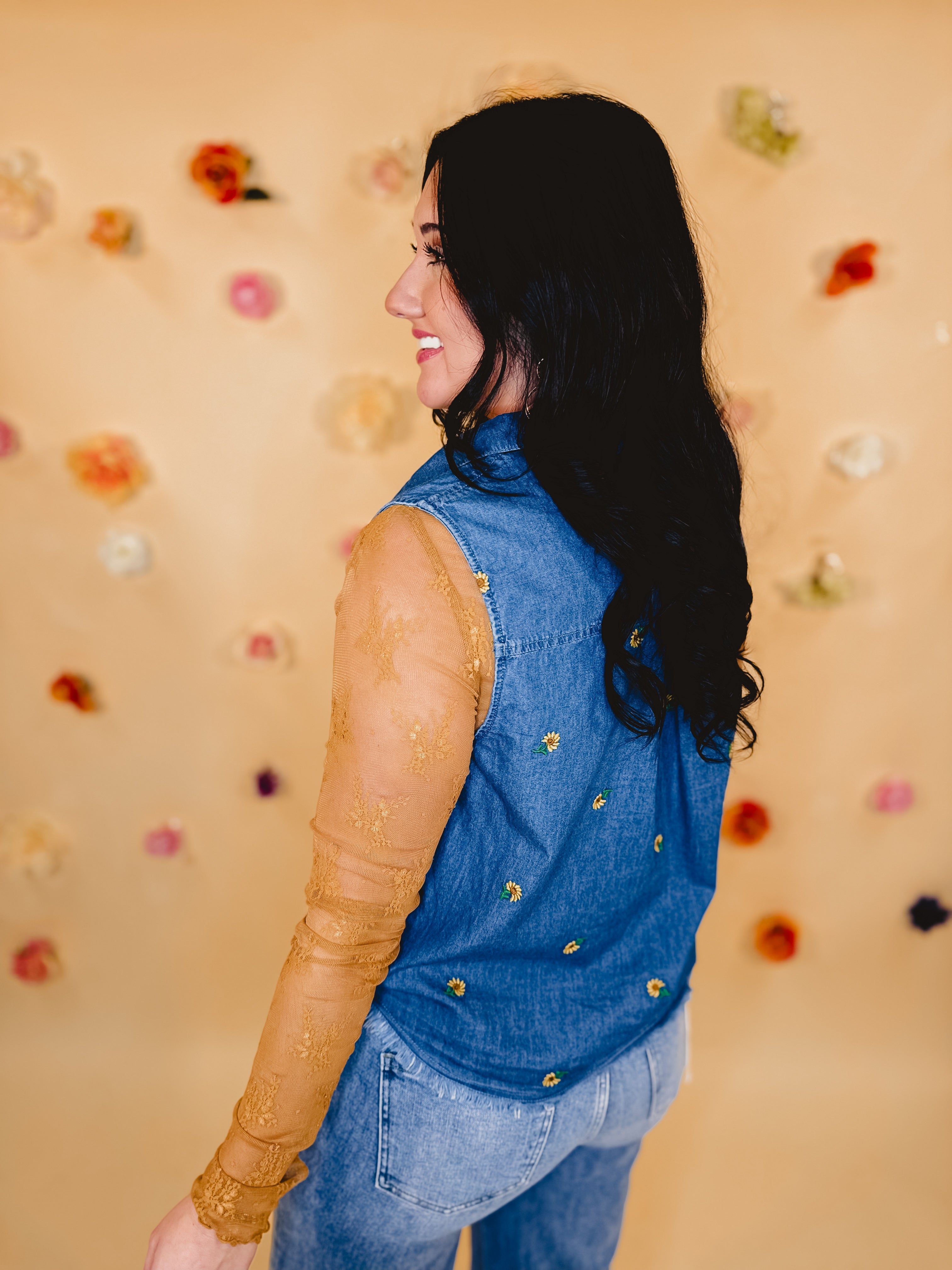 Floral Embroidered Sleeveless Denim Top - Blue - Lace and Grace Boutique