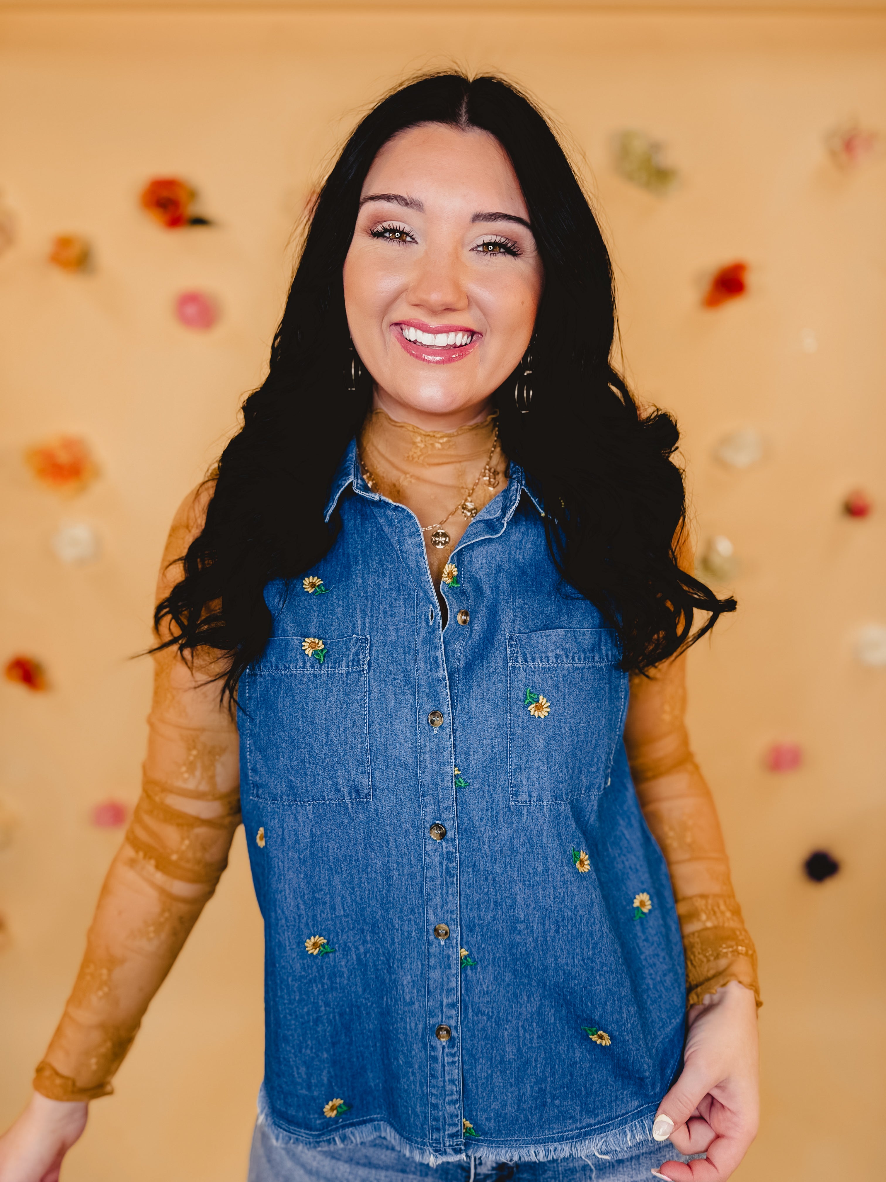 Floral Embroidered Sleeveless Denim Top - Blue - Lace and Grace Boutique