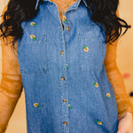 Floral Embroidered Sleeveless Denim Top - Blue - Lace and Grace Boutique