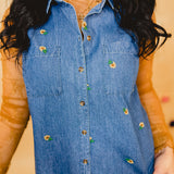 Floral Embroidered Sleeveless Denim Top - Blue - Lace and Grace Boutique