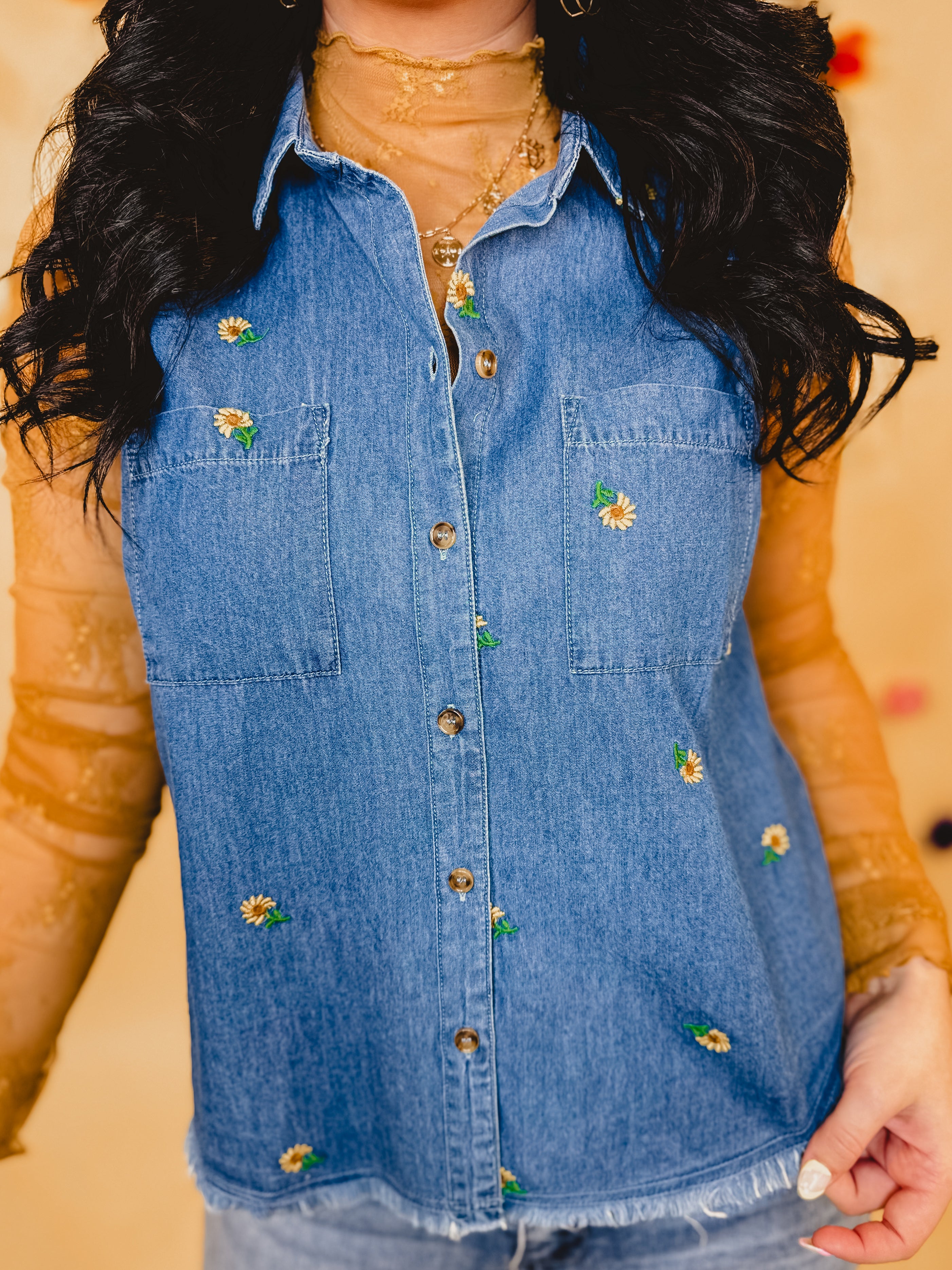 Floral Embroidered Sleeveless Denim Top - Blue - Lace and Grace Boutique