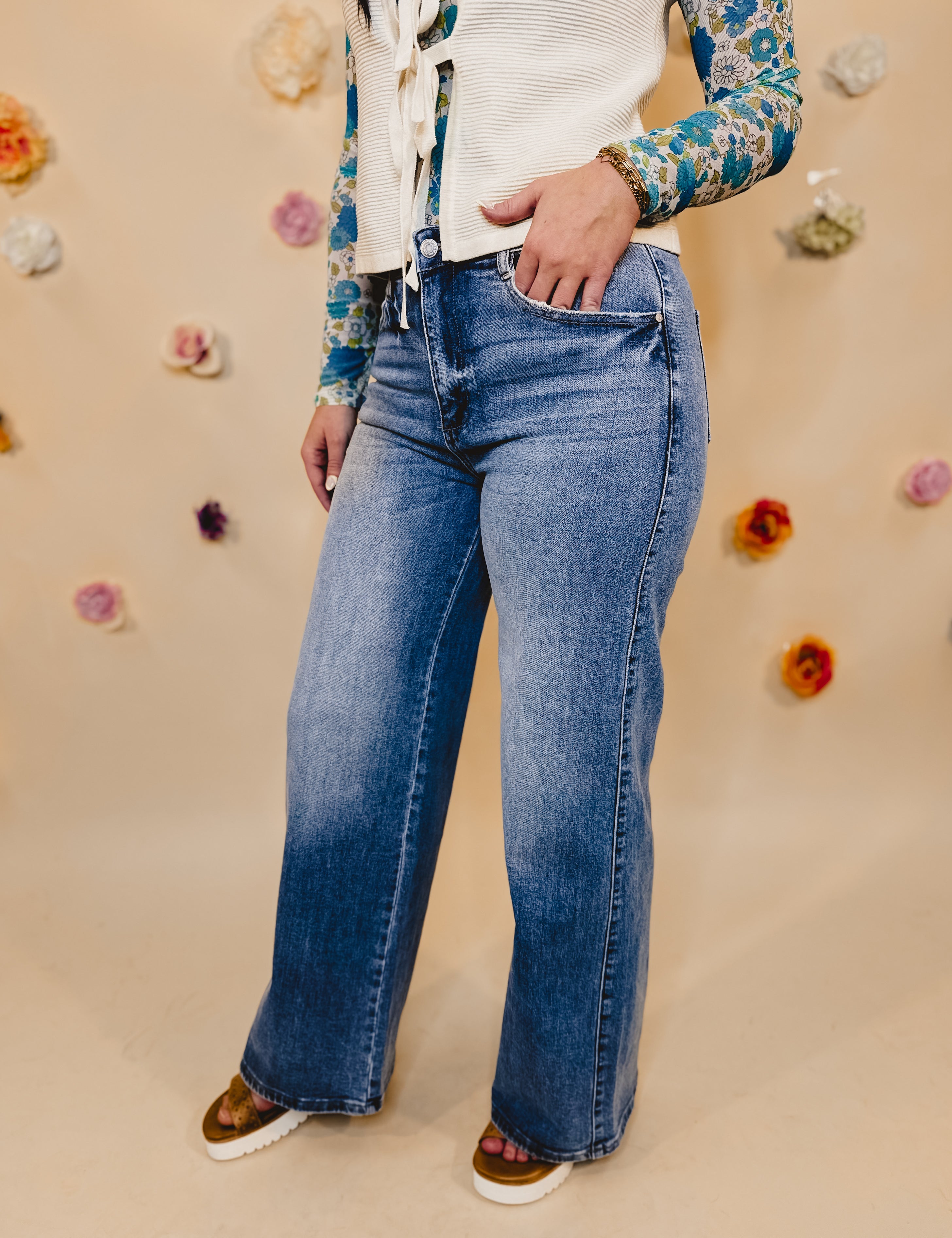 Annie Comfort Stretch High Rise Wide Leg Jeans - Lt Denim - Lace and Grace Boutique