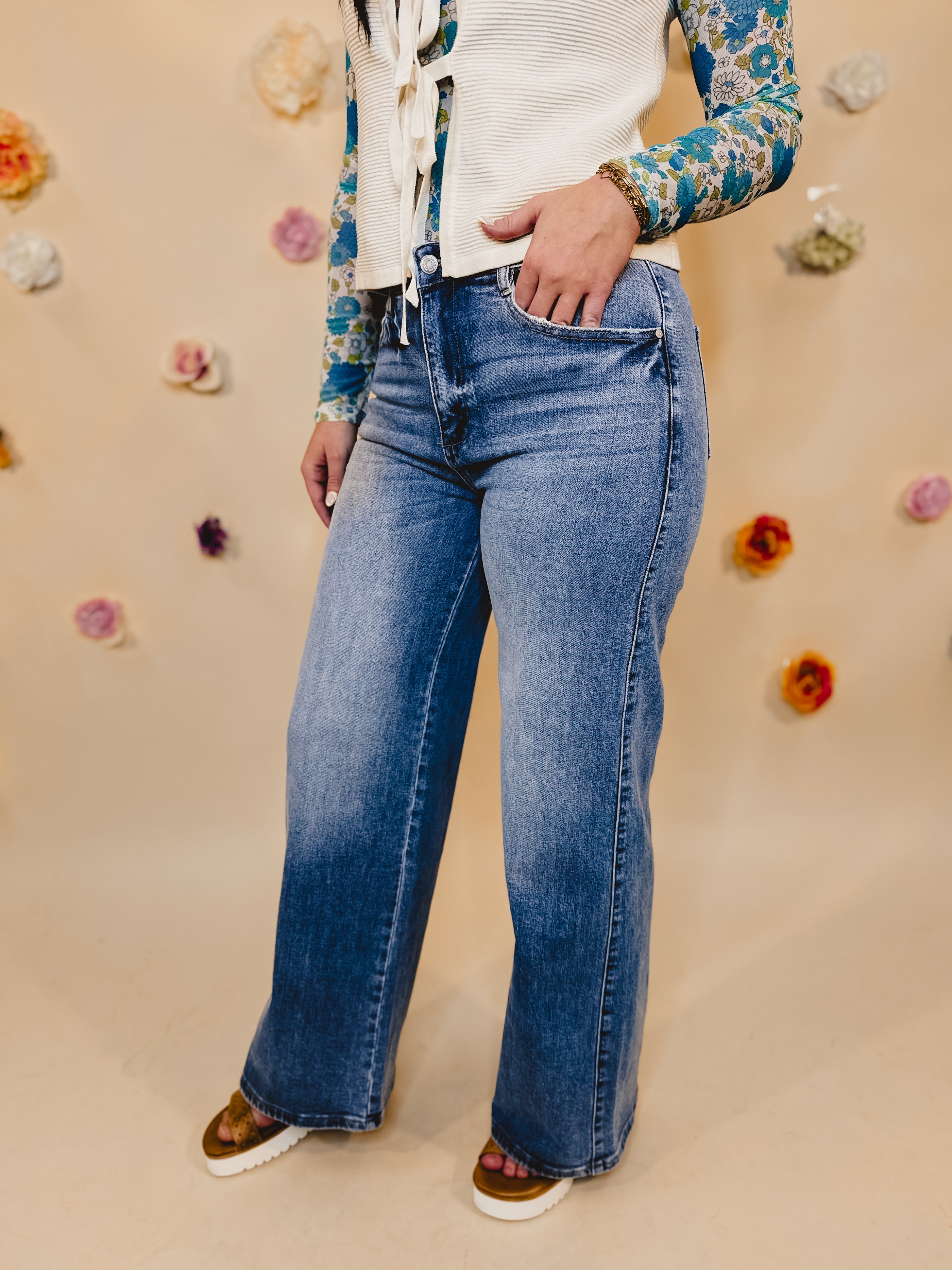 Annie Comfort Stretch High Rise Wide Leg Jeans - Lt Denim - Lace and Grace Boutique