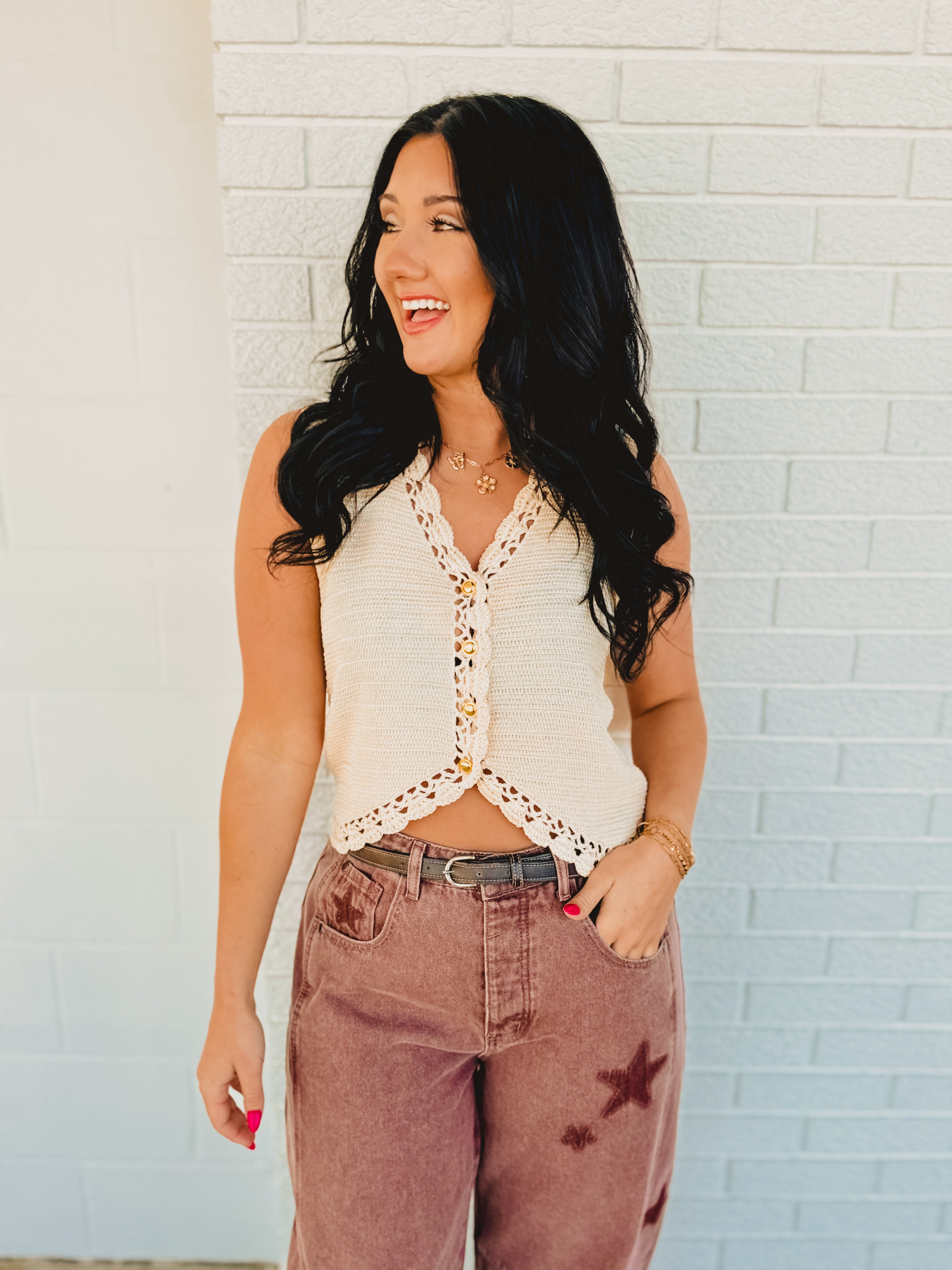 Crochet Trimmed Button Down Sweater Vest - Oatmeal - Lace and Grace Boutique