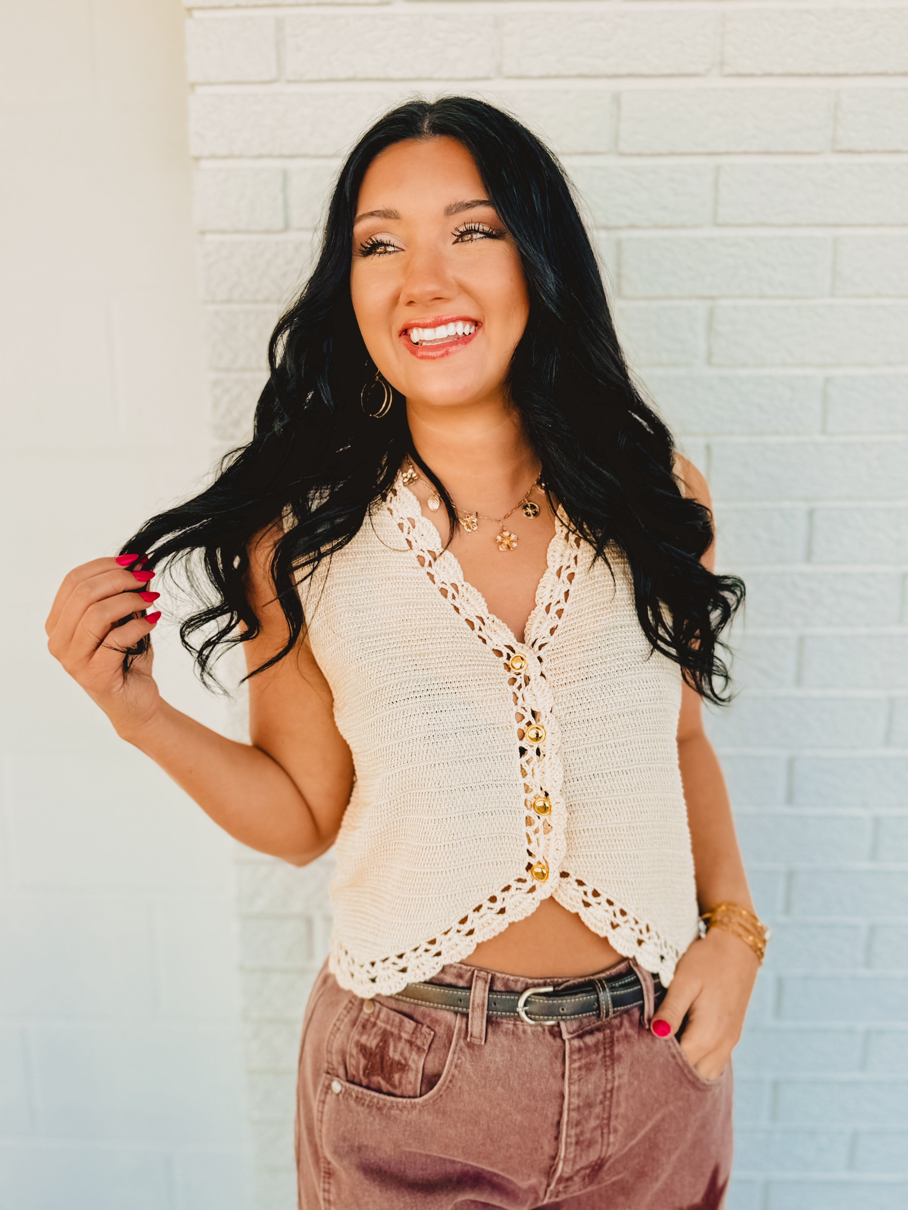 Crochet Trimmed Button Down Sweater Vest - Oatmeal - Lace and Grace Boutique