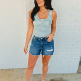 Striped & Solid Button Down Knit Tank Top - Sky - Lace and Grace Boutique