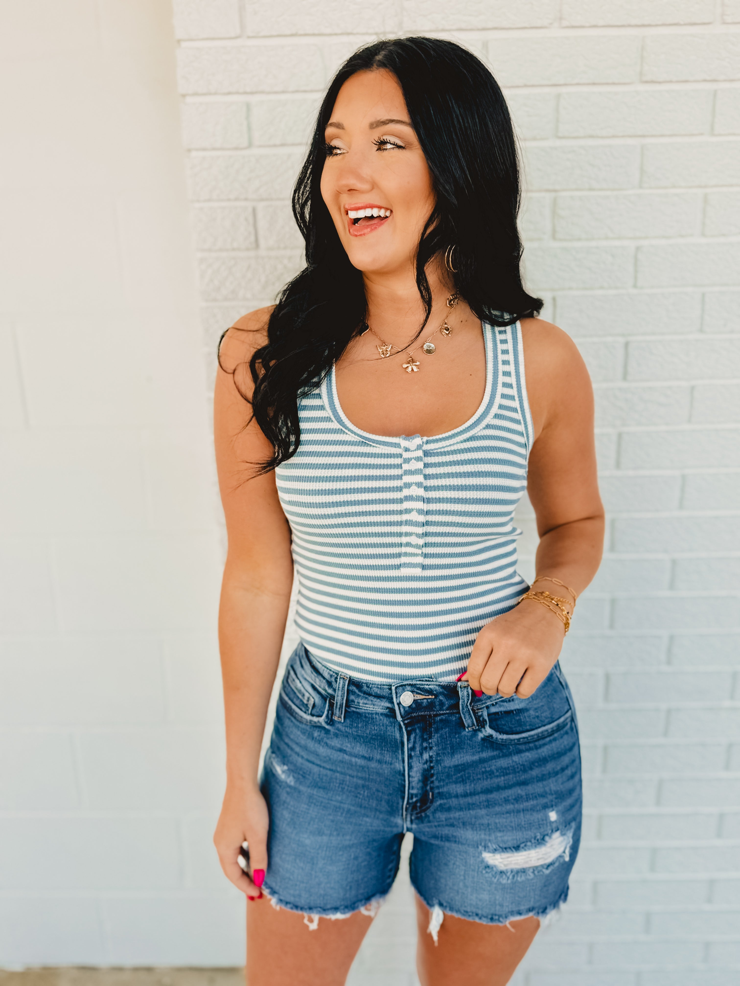 Striped & Solid Button Down Knit Tank Top - Sky - Lace and Grace Boutique
