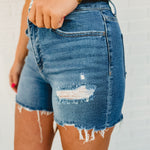 Co-Pilot High Rise Distressed Shorts - Medium Wash - Lace and Grace Boutique