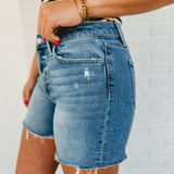 Climax High Rise Raw Hem Denim Shorts - Medium Wash - Lace and Grace Boutique