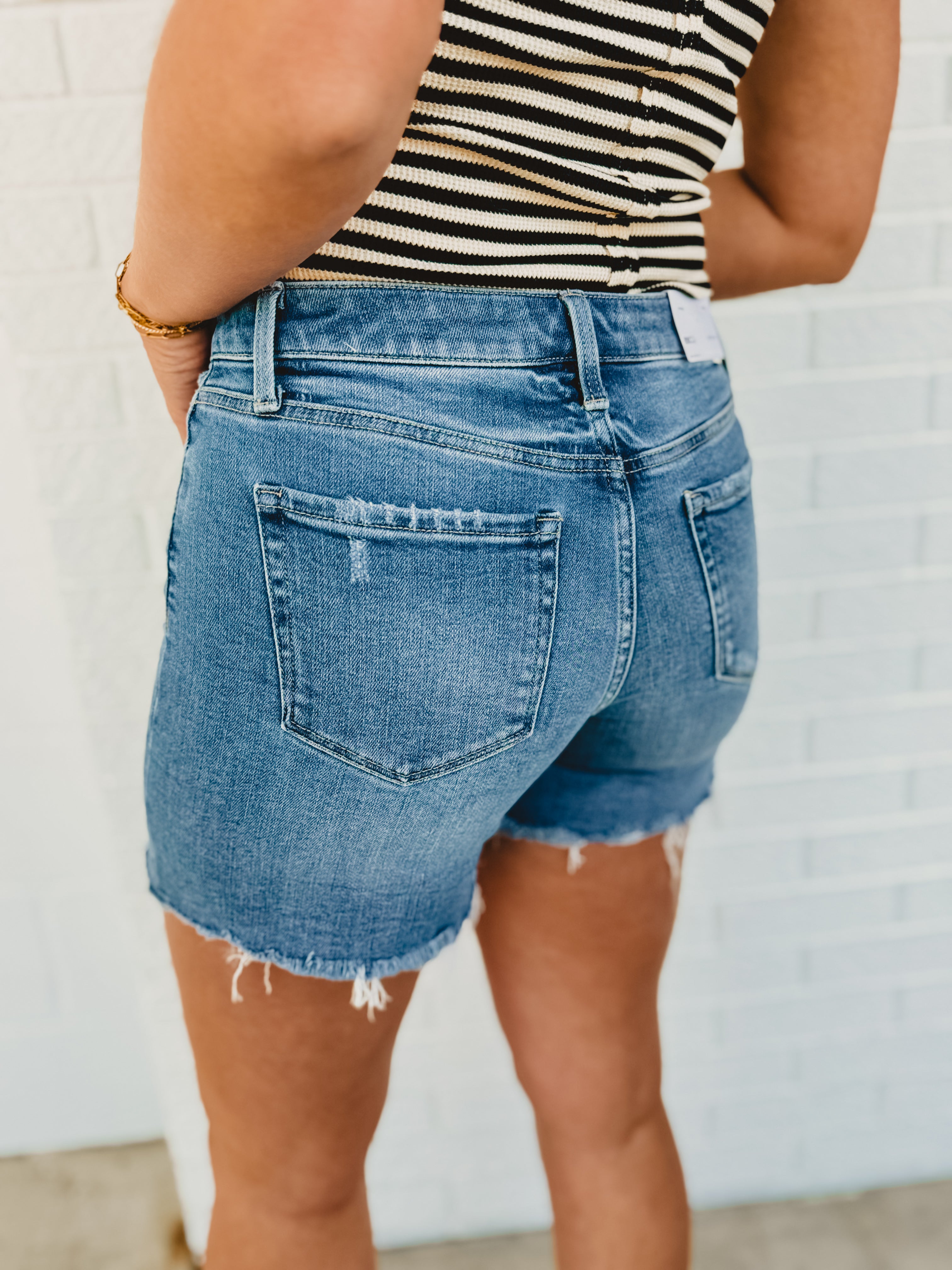 Climax High Rise Raw Hem Denim Shorts - Medium Wash - Lace and Grace Boutique