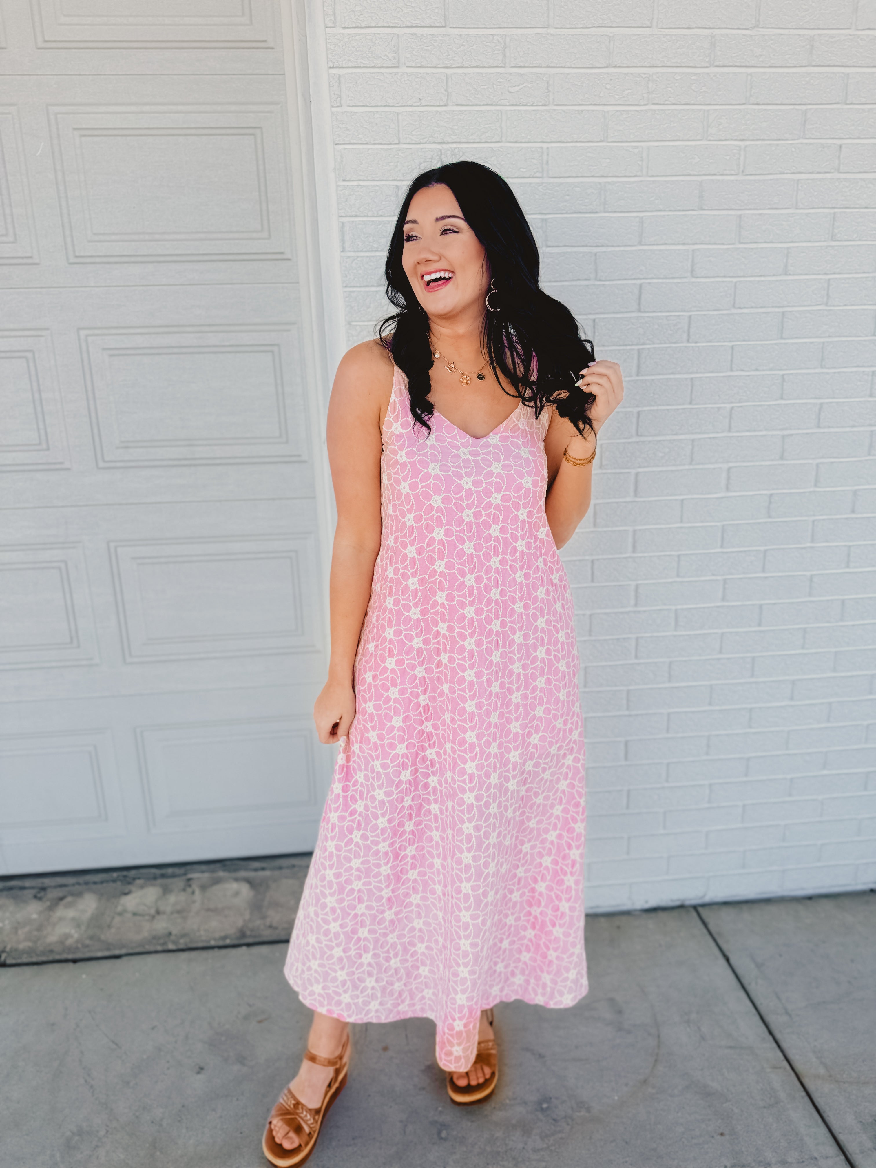 Floral Embroidered V-Neck Dress - Sunset Coral - Lace and Grace Boutique