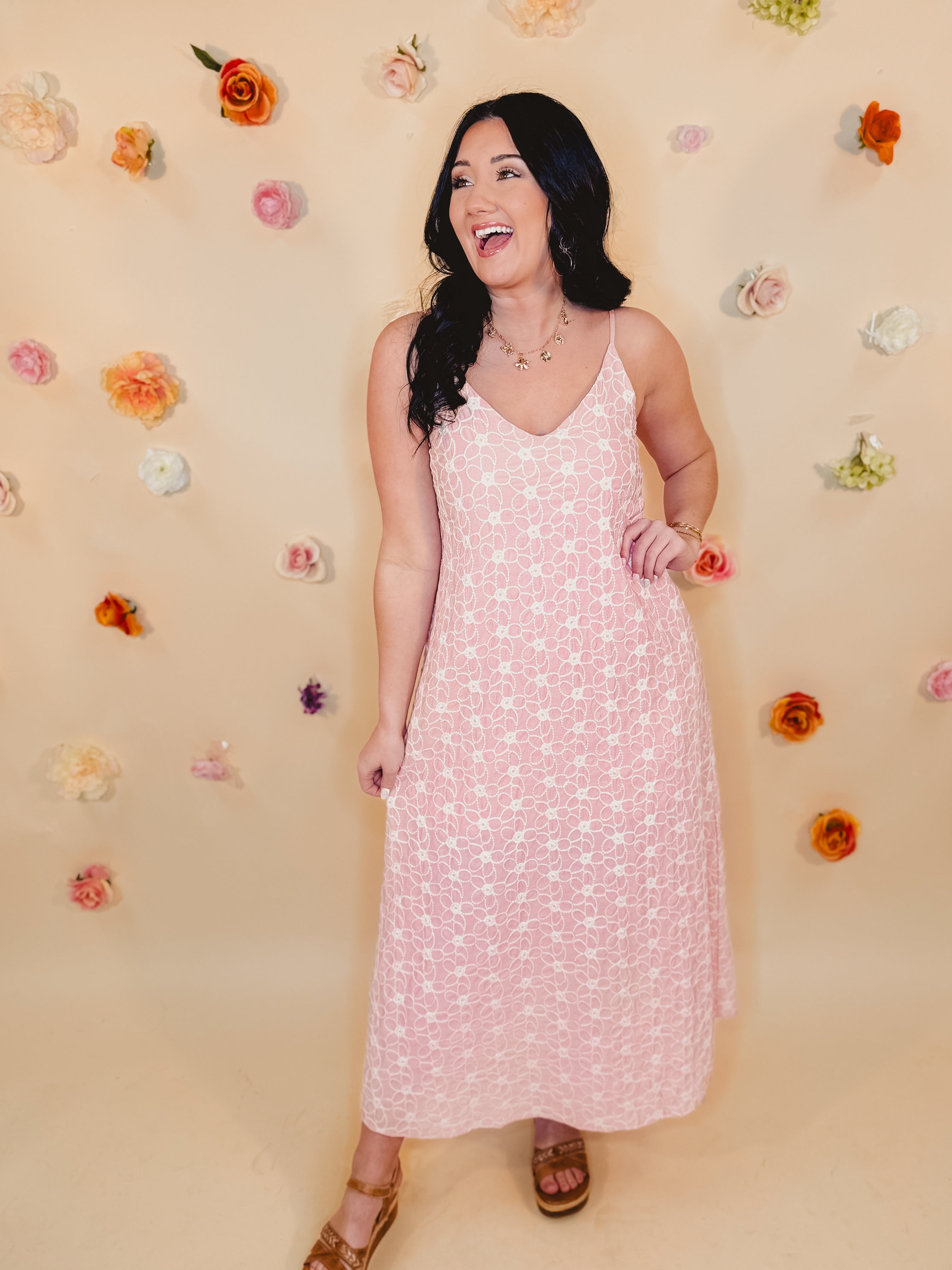 Floral Embroidered V-Neck Dress - Sunset Coral - Lace and Grace Boutique