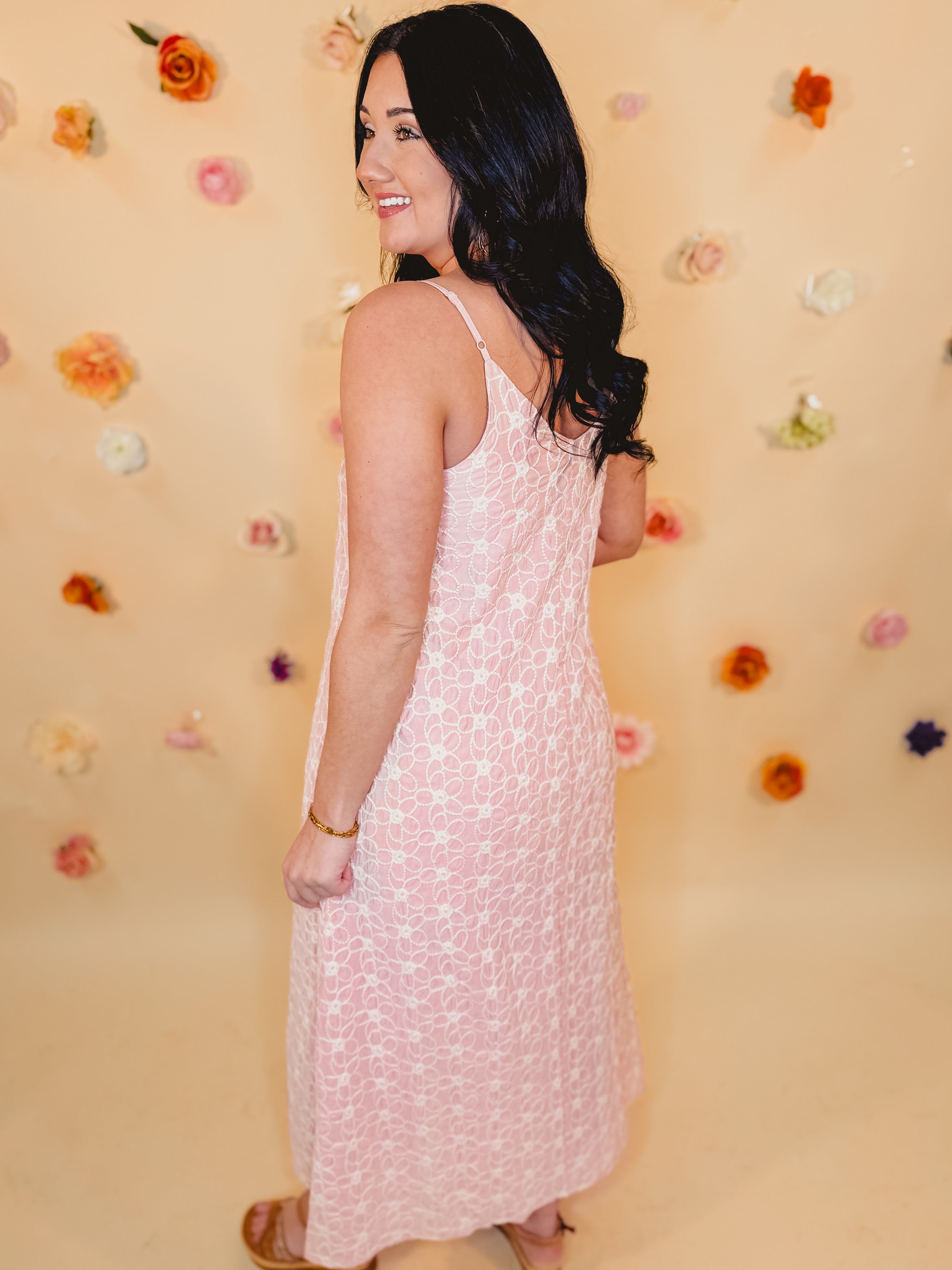 Floral Embroidered V-Neck Dress - Sunset Coral - Lace and Grace Boutique