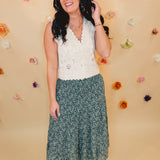 Floral Tiered Midi Skirt with Front Slit - Teal Green - Lace and Grace Boutique