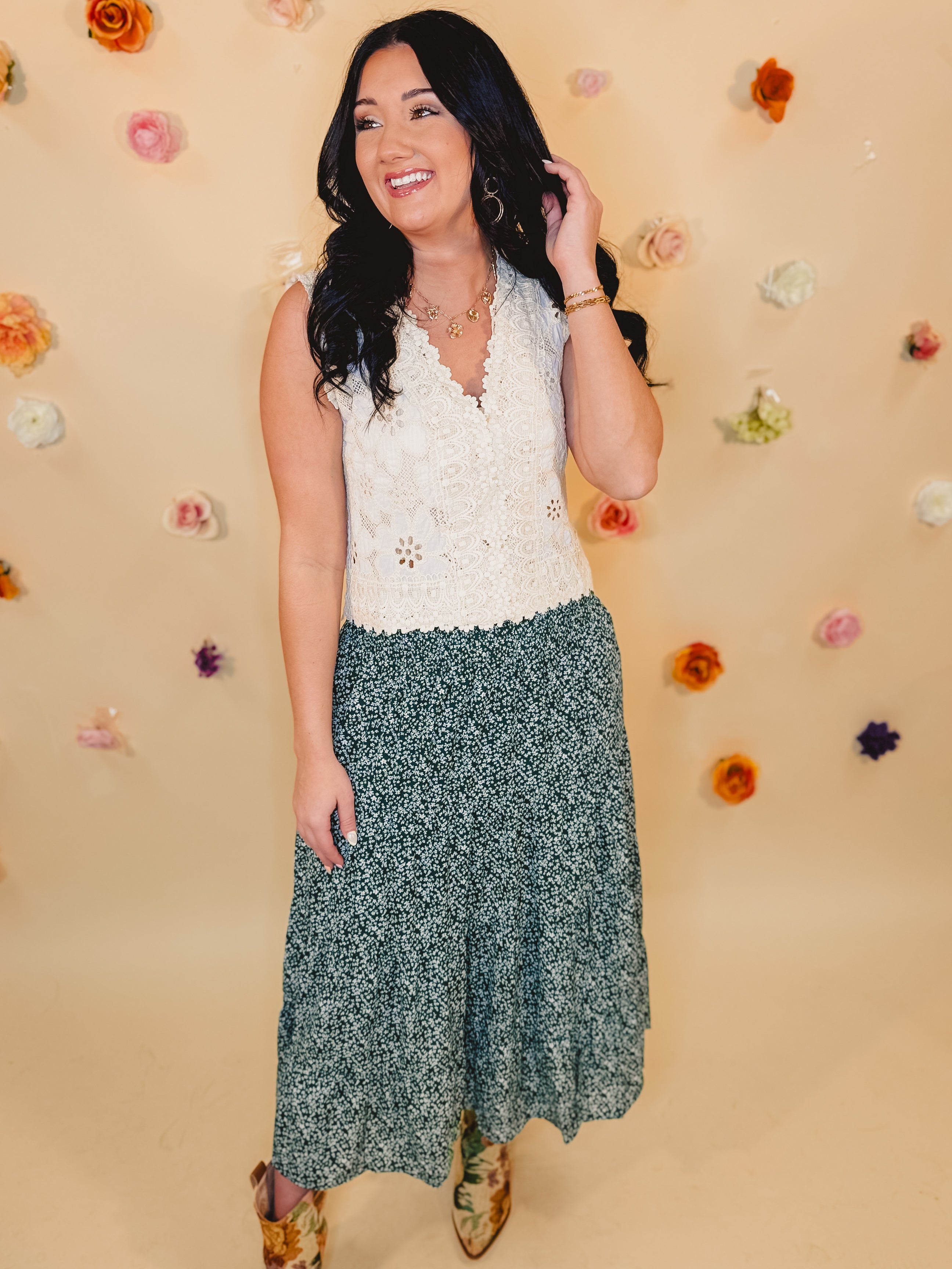 Floral Tiered Midi Skirt with Front Slit - Teal Green - Lace and Grace Boutique