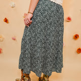 Floral Tiered Midi Skirt with Front Slit - Teal Green - Lace and Grace Boutique