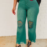 Distressed Denim Wide Straight Leg Jean - Deep Green - Lace and Grace Boutique