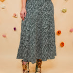 Floral Tiered Midi Skirt with Front Slit - Teal Green - Lace and Grace Boutique