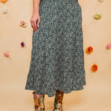 Floral Tiered Midi Skirt with Front Slit - Teal Green - Lace and Grace Boutique