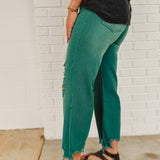Distressed Denim Wide Straight Leg Jean - Deep Green - Lace and Grace Boutique