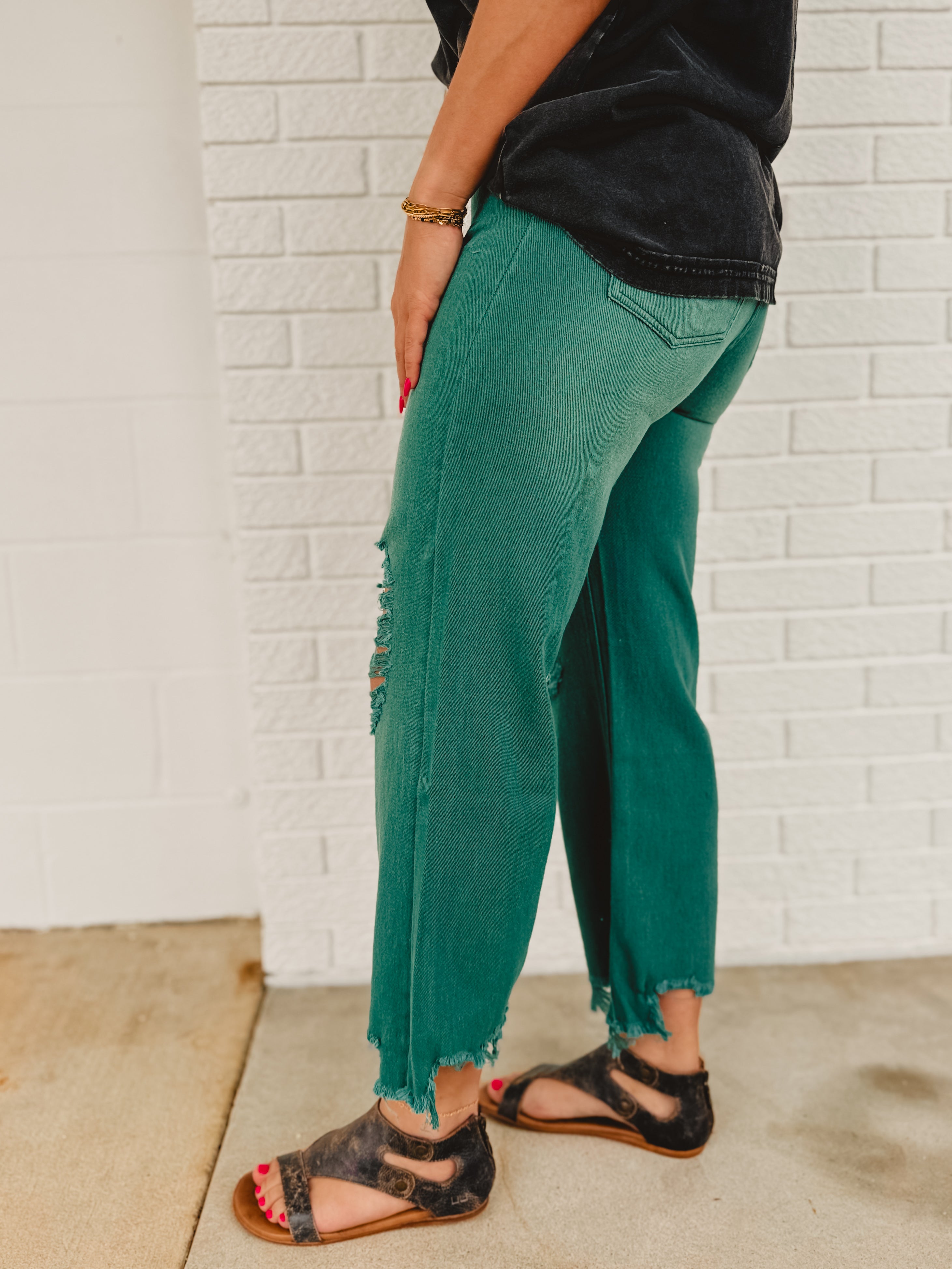 Distressed Denim Wide Straight Leg Jean - Deep Green - Lace and Grace Boutique