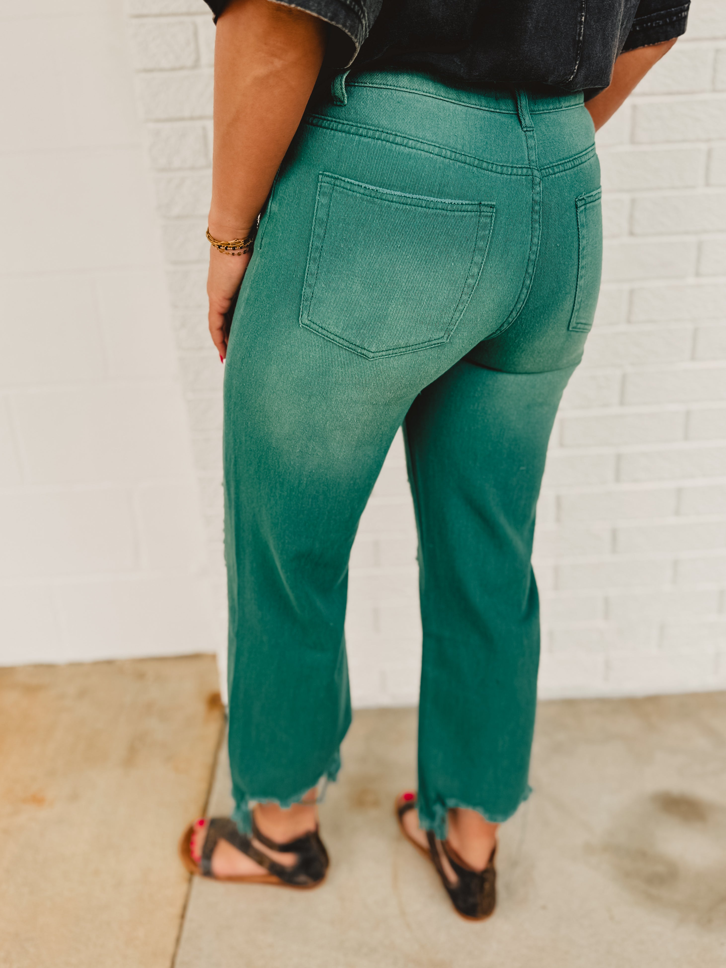 Distressed Denim Wide Straight Leg Jean - Deep Green - Lace and Grace Boutique