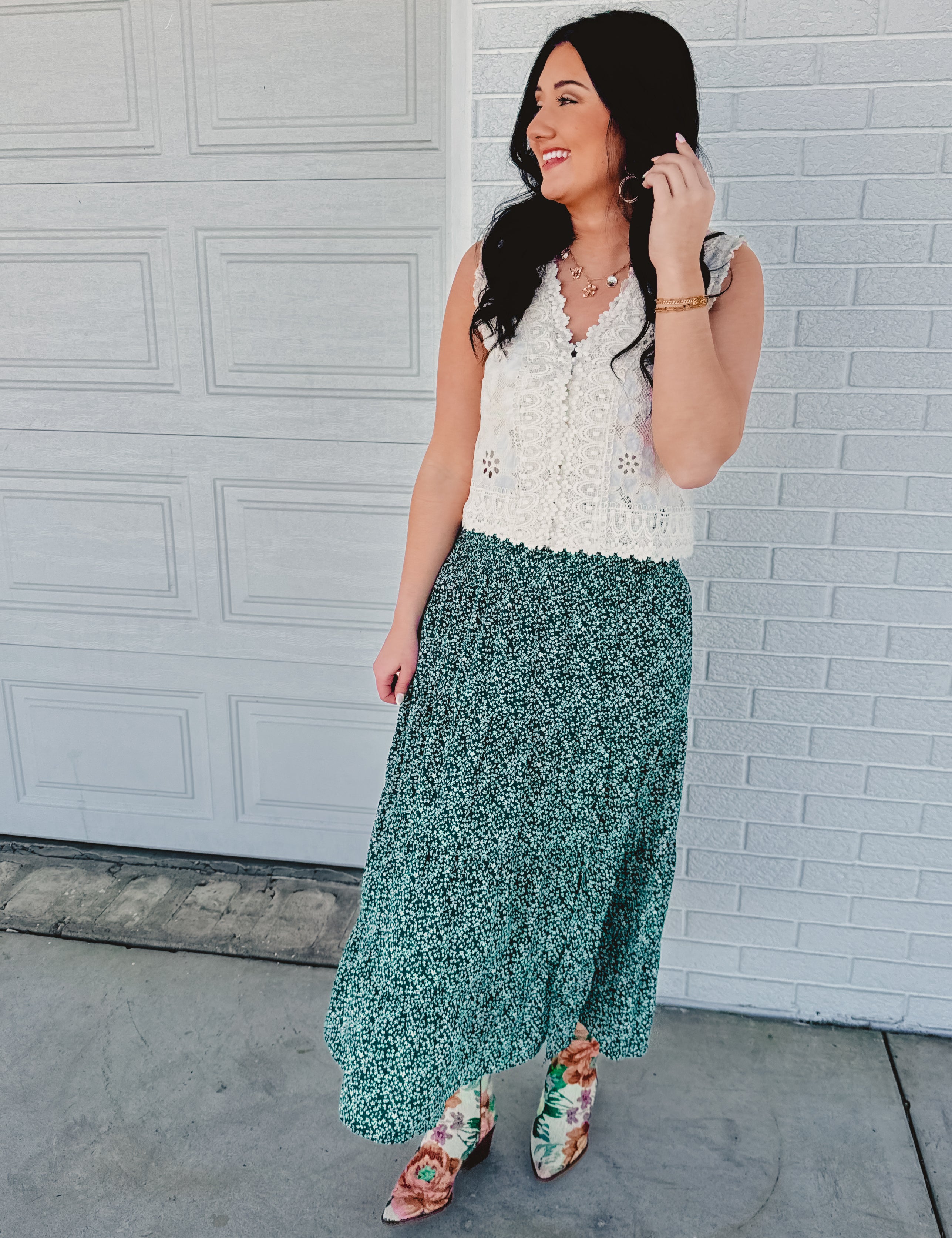 Floral Tiered Midi Skirt with Front Slit - Teal Green - Lace and Grace Boutique