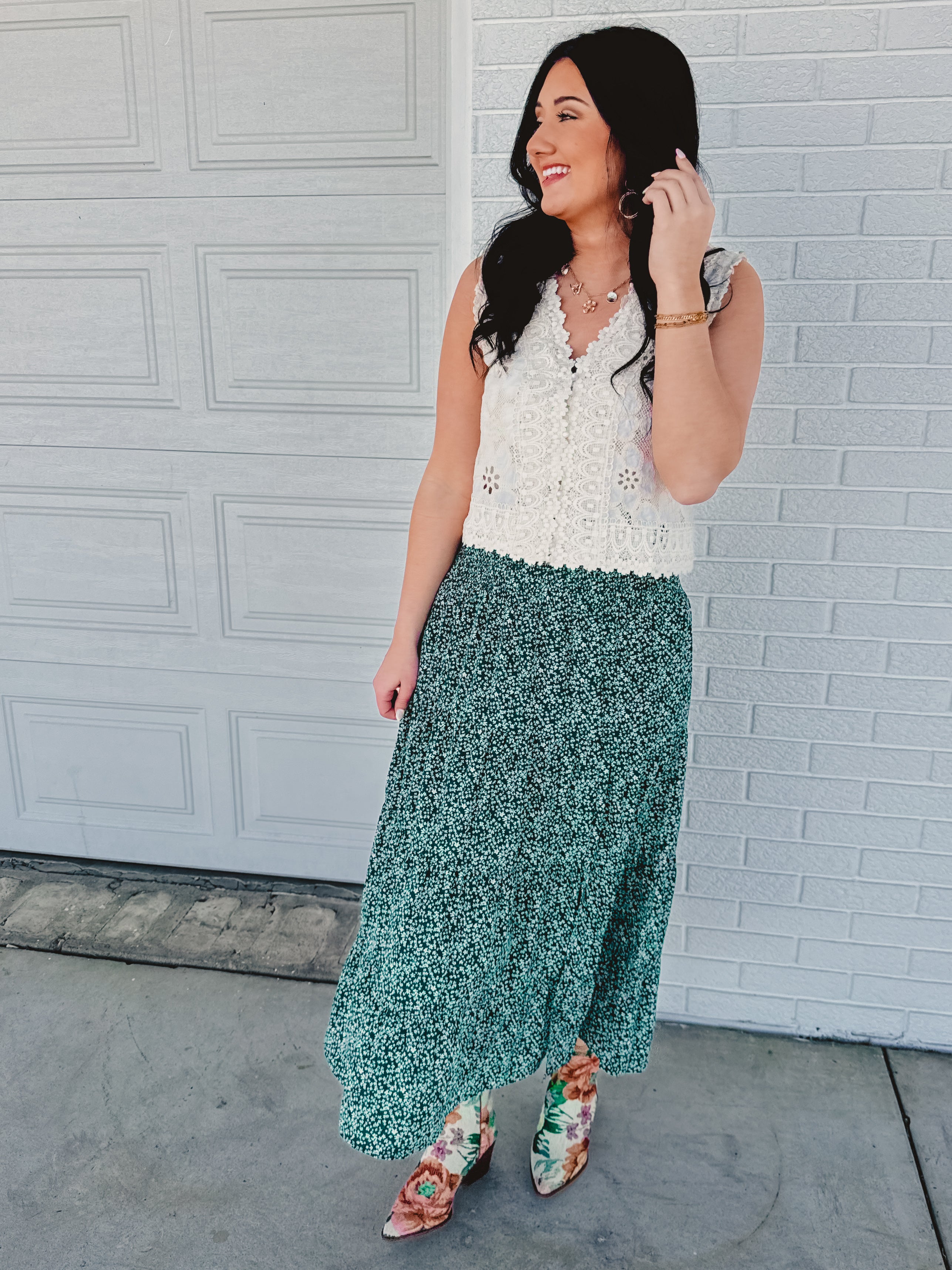 Floral Tiered Midi Skirt with Front Slit - Teal Green - Lace and Grace Boutique