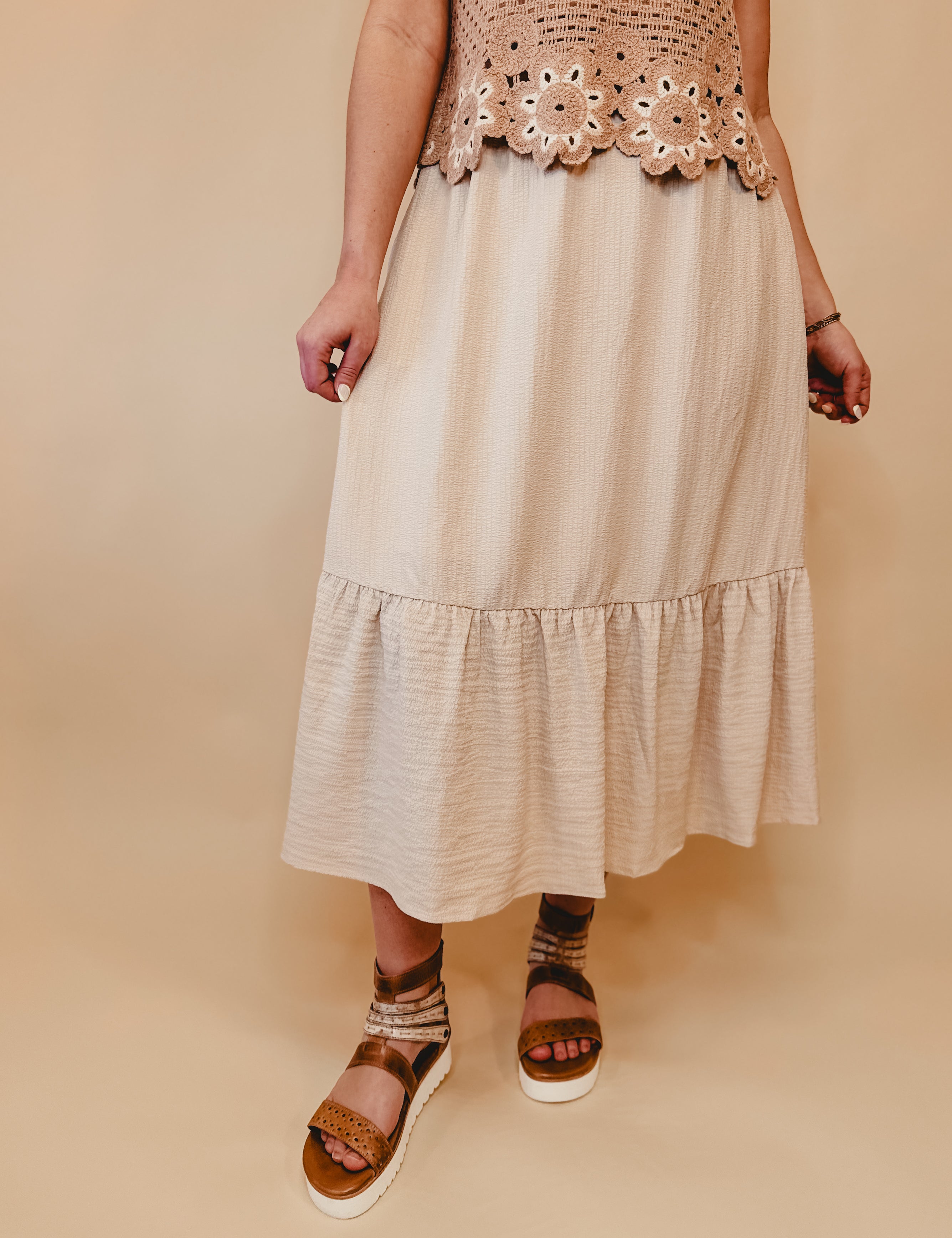 Ruffled Hem Midi Skirt - Natural - Lace and Grace Boutique