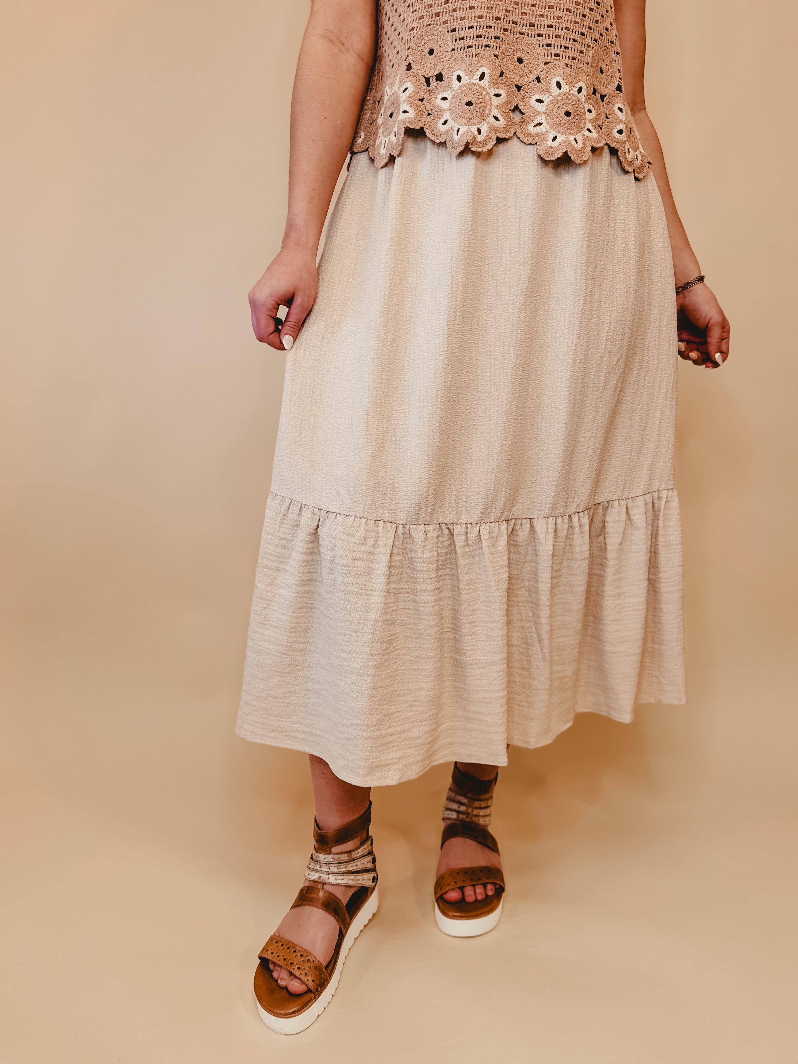 Ruffled Hem Midi Skirt - Natural - Lace and Grace Boutique