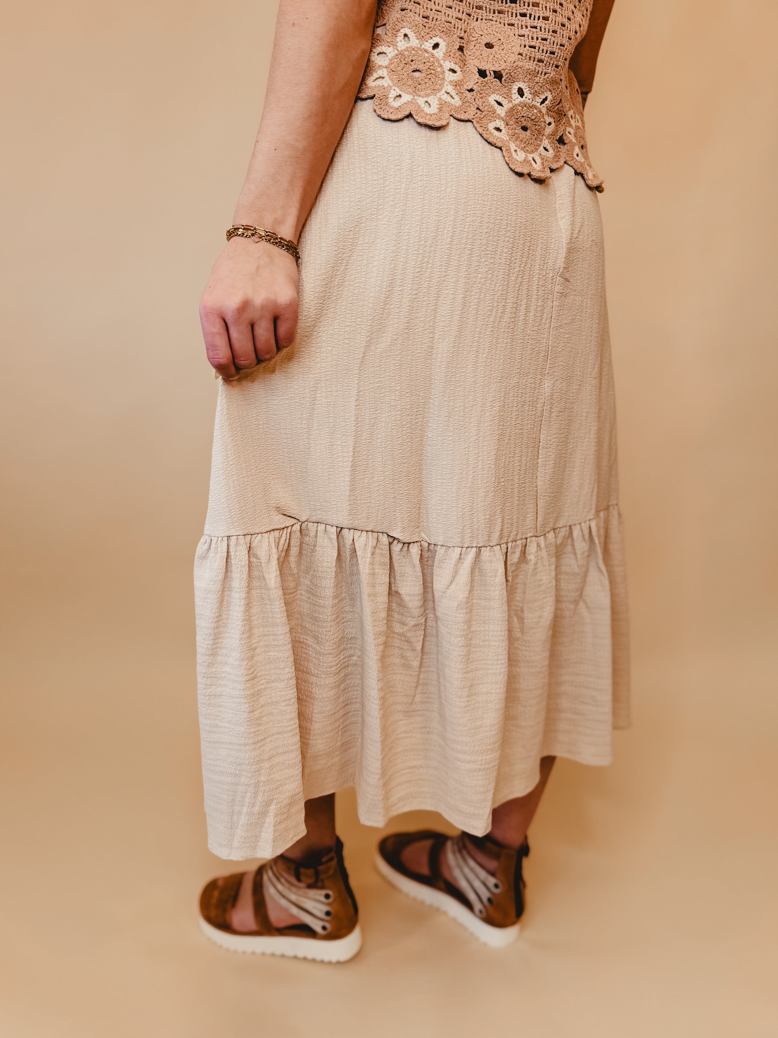 Ruffled Hem Midi Skirt - Natural - Lace and Grace Boutique