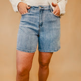 Cora High Rise Bermuda Denim Mom Shorts - Lace and Grace Boutique