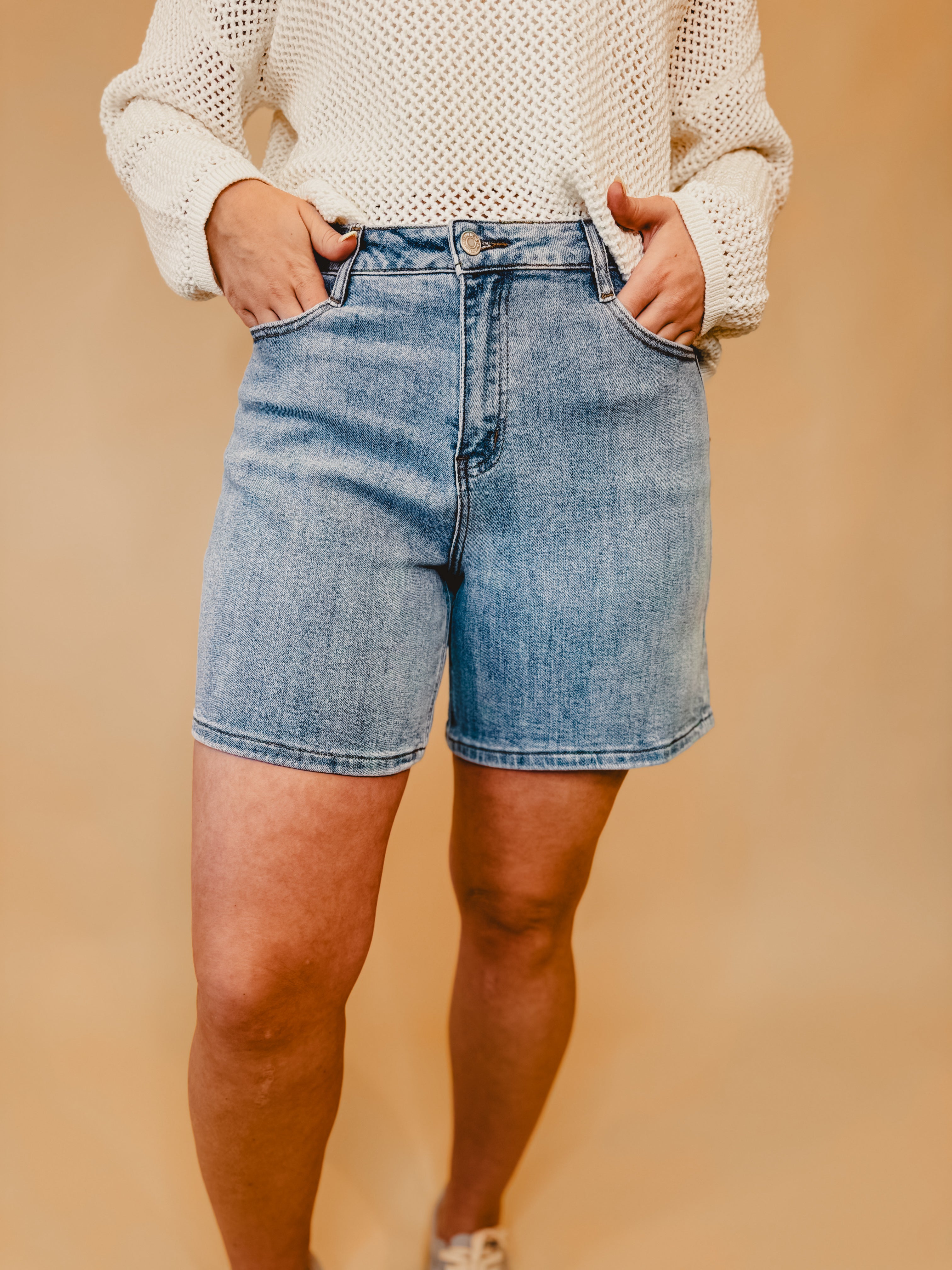 Cora High Rise Bermuda Denim Mom Shorts - Lace and Grace Boutique