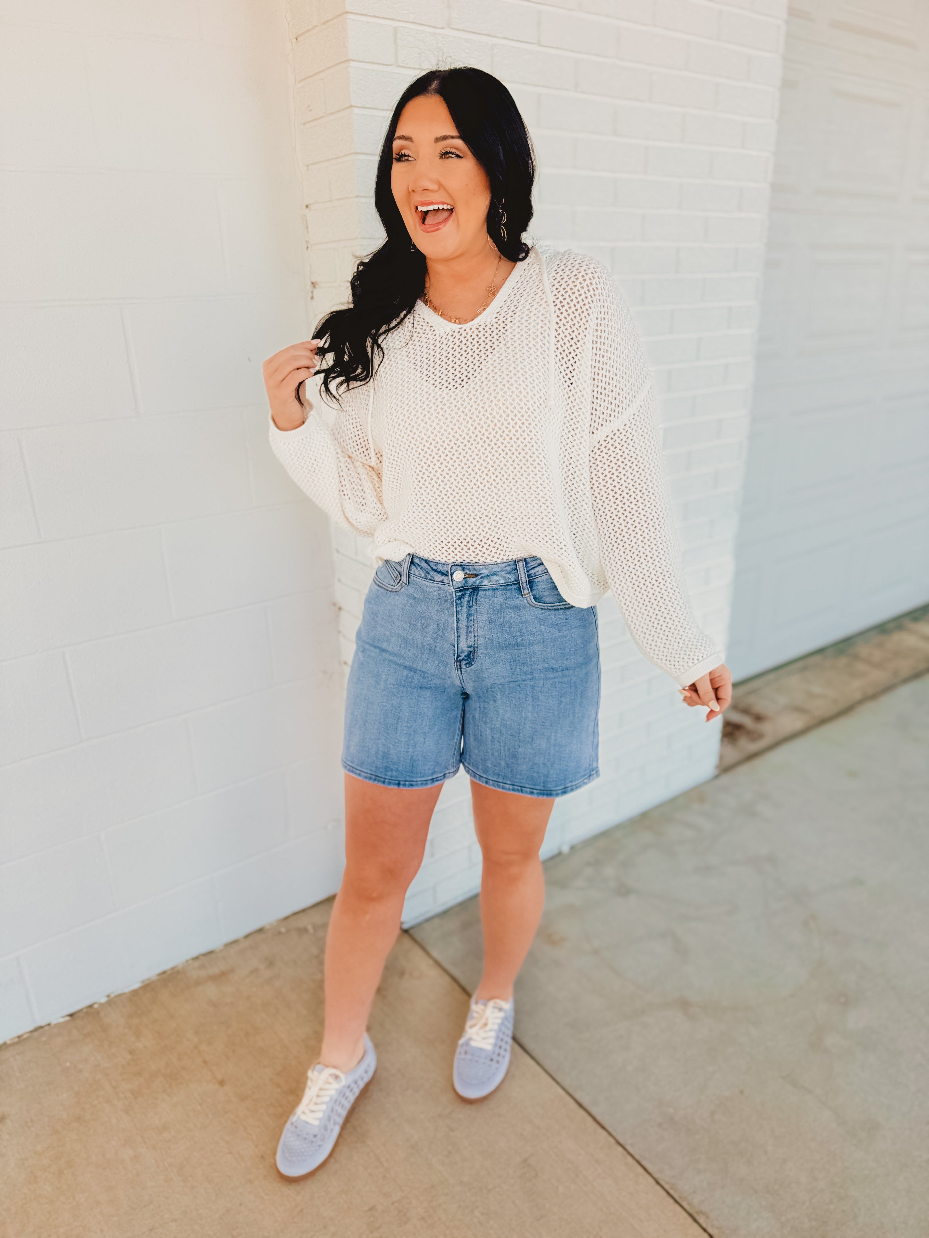 Cora High Rise Bermuda Denim Mom Shorts - Lace and Grace Boutique