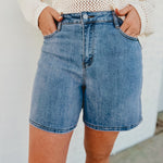 Cora High Rise Bermuda Denim Mom Shorts - Lace and Grace Boutique