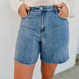 Cora High Rise Bermuda Denim Mom Shorts - Lace and Grace Boutique