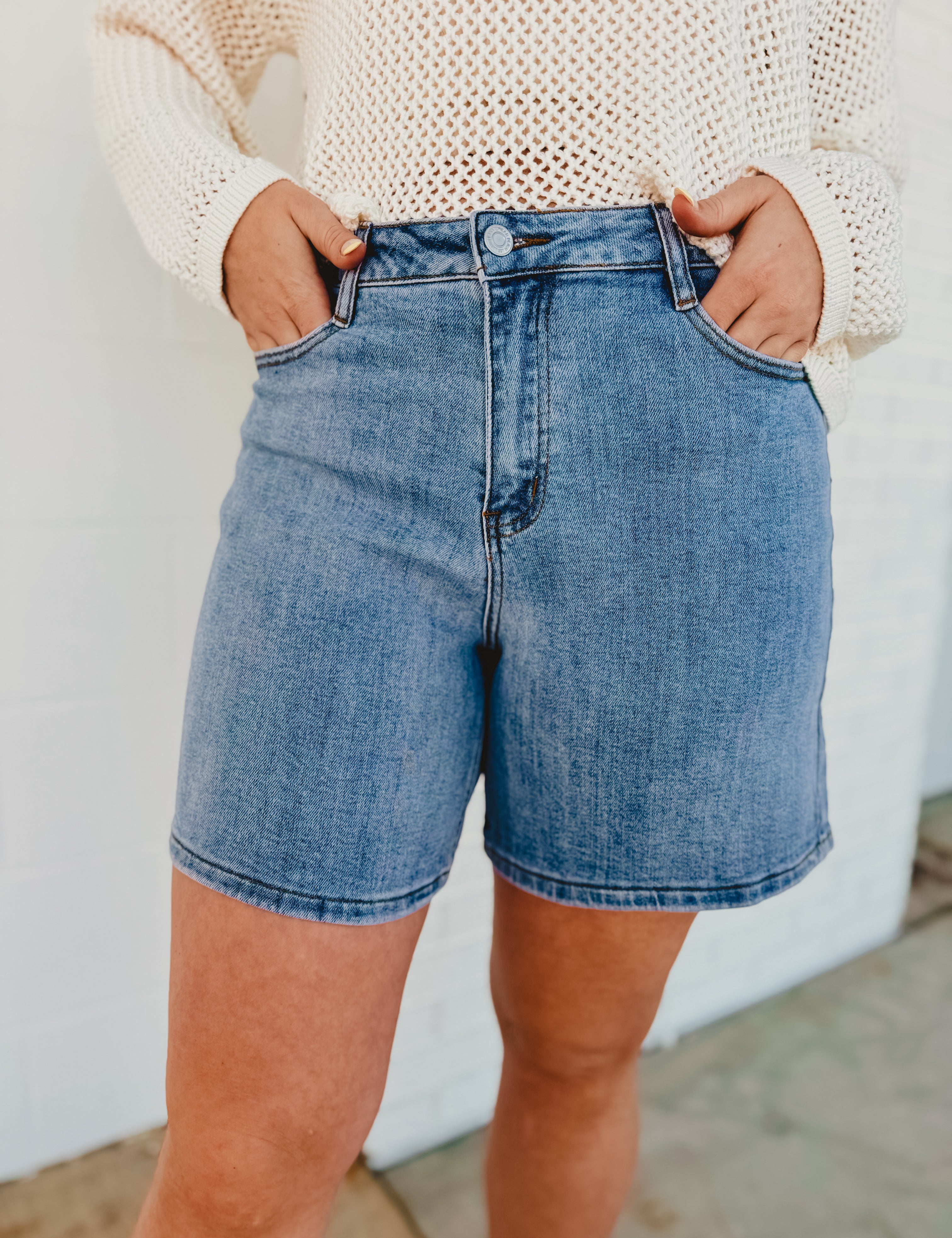 Cora High Rise Bermuda Denim Mom Shorts - Lace and Grace Boutique