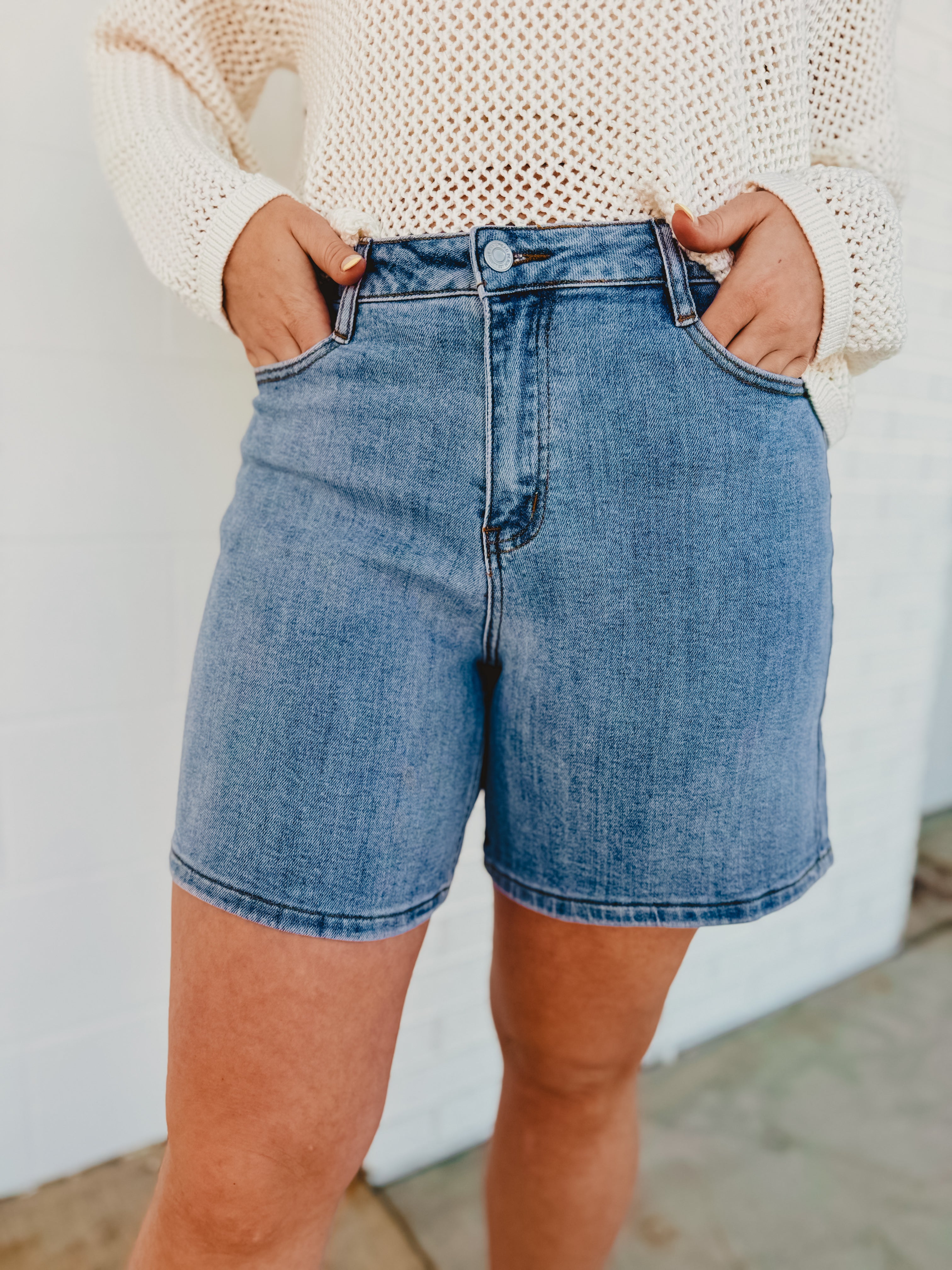 Cora High Rise Bermuda Denim Mom Shorts - Lace and Grace Boutique