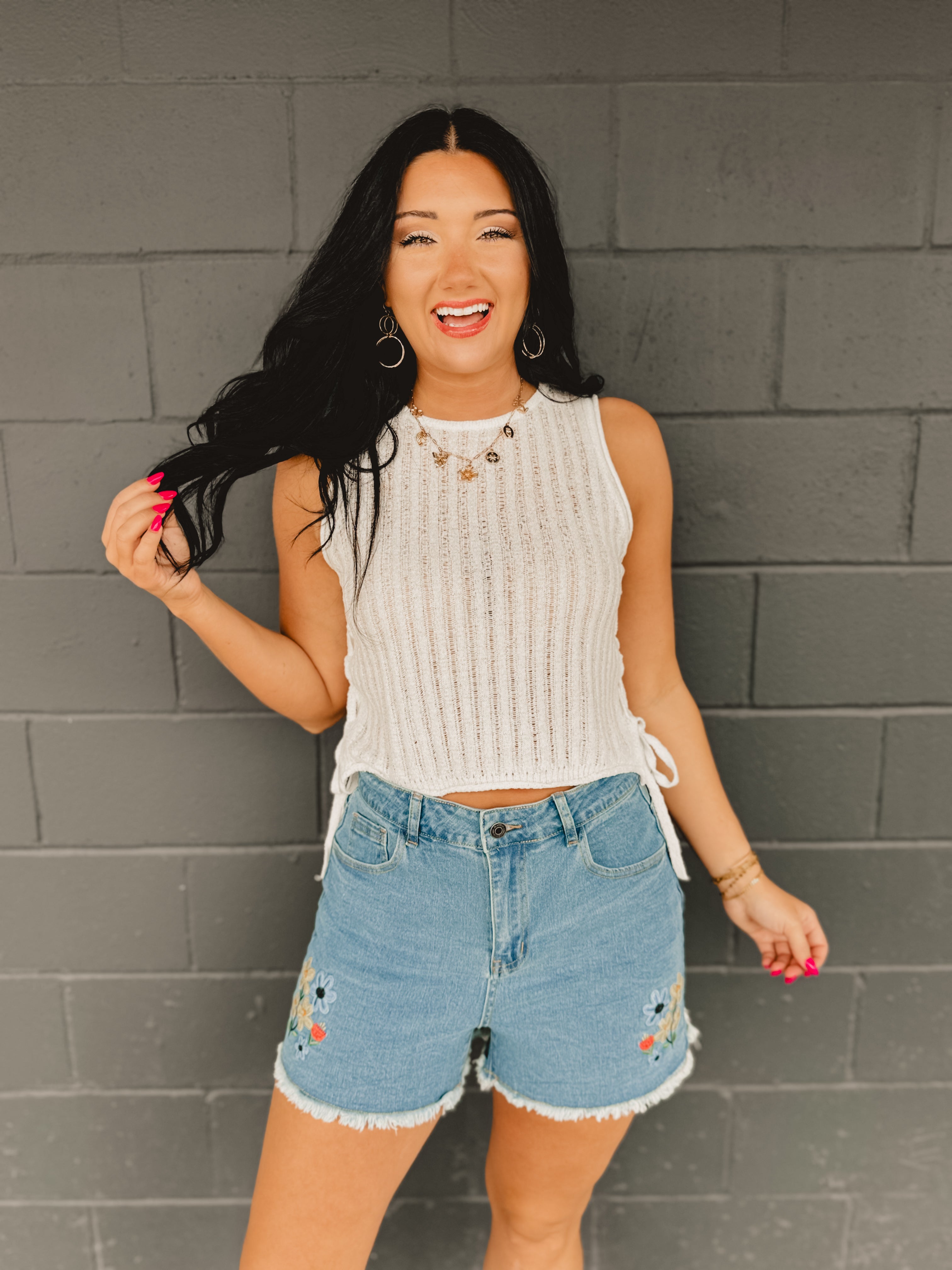 Lightweight Knitted Side Tie Tank Top - Cream - Lace and Grace Boutique