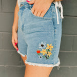 Floral Embroidered Fray Hem Shorts - Denim - Lace and Grace Boutique