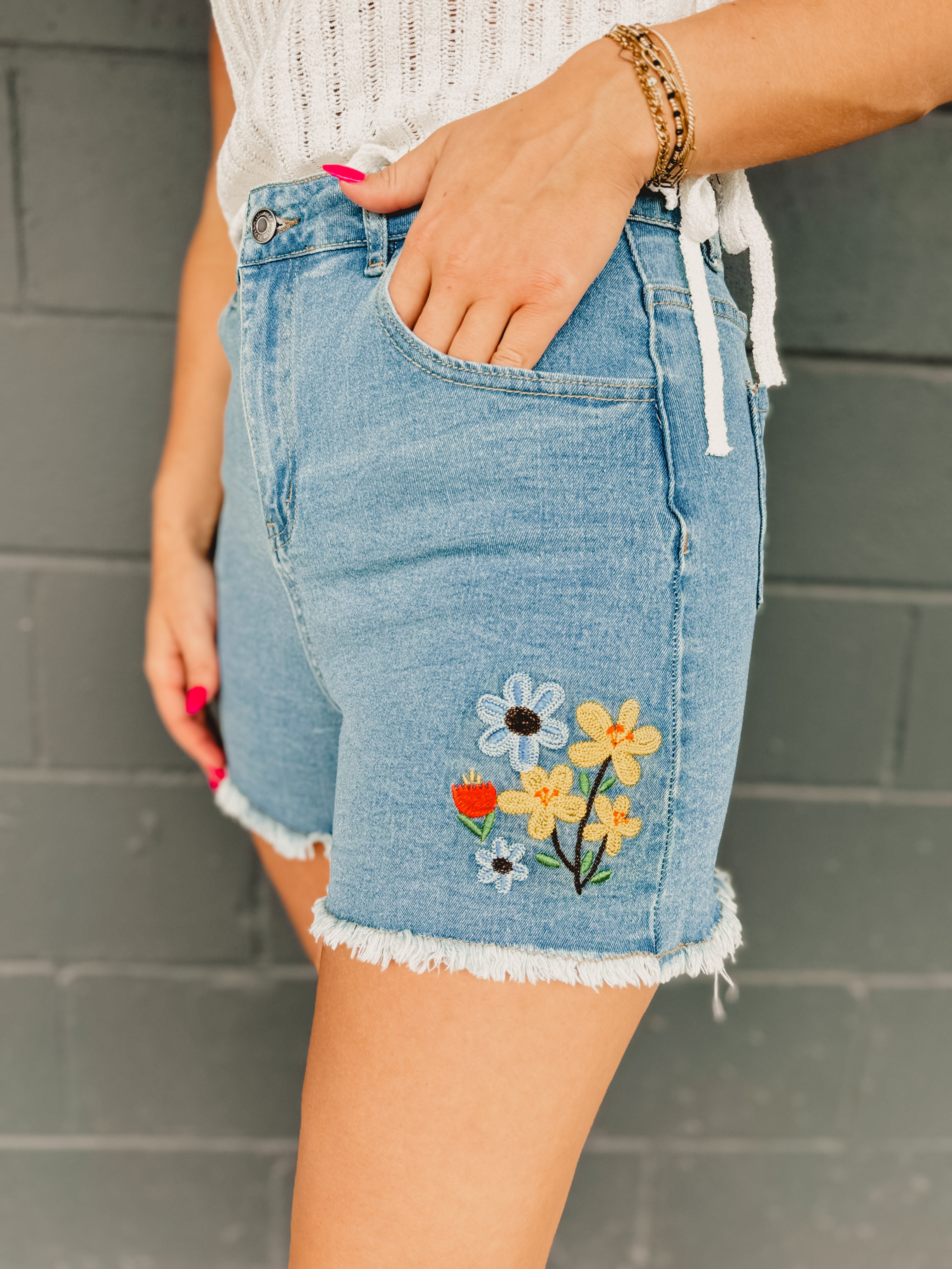 Floral Embroidered Fray Hem Shorts - Denim - Lace and Grace Boutique