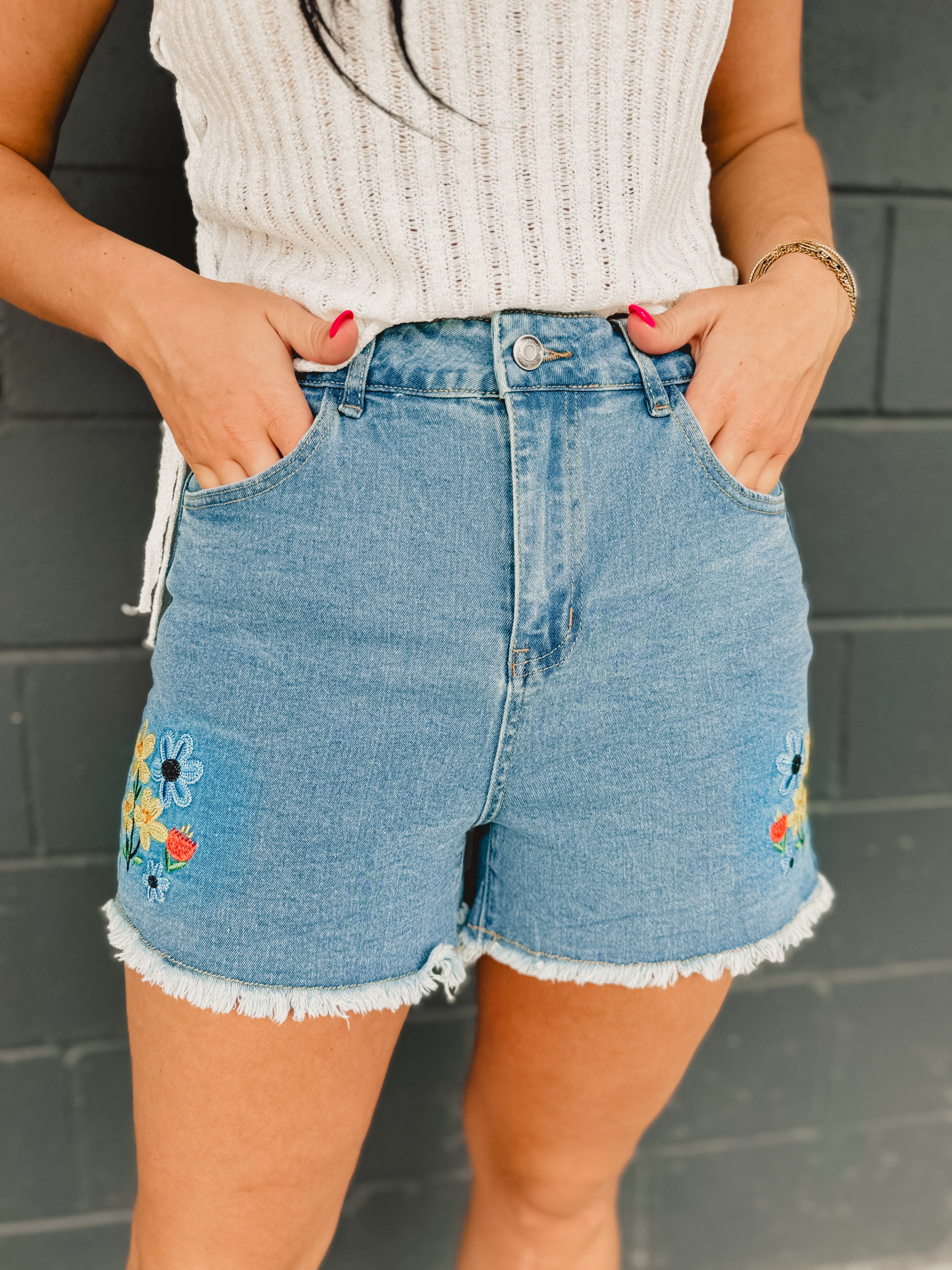 Floral Embroidered Fray Hem Shorts - Denim - Lace and Grace Boutique